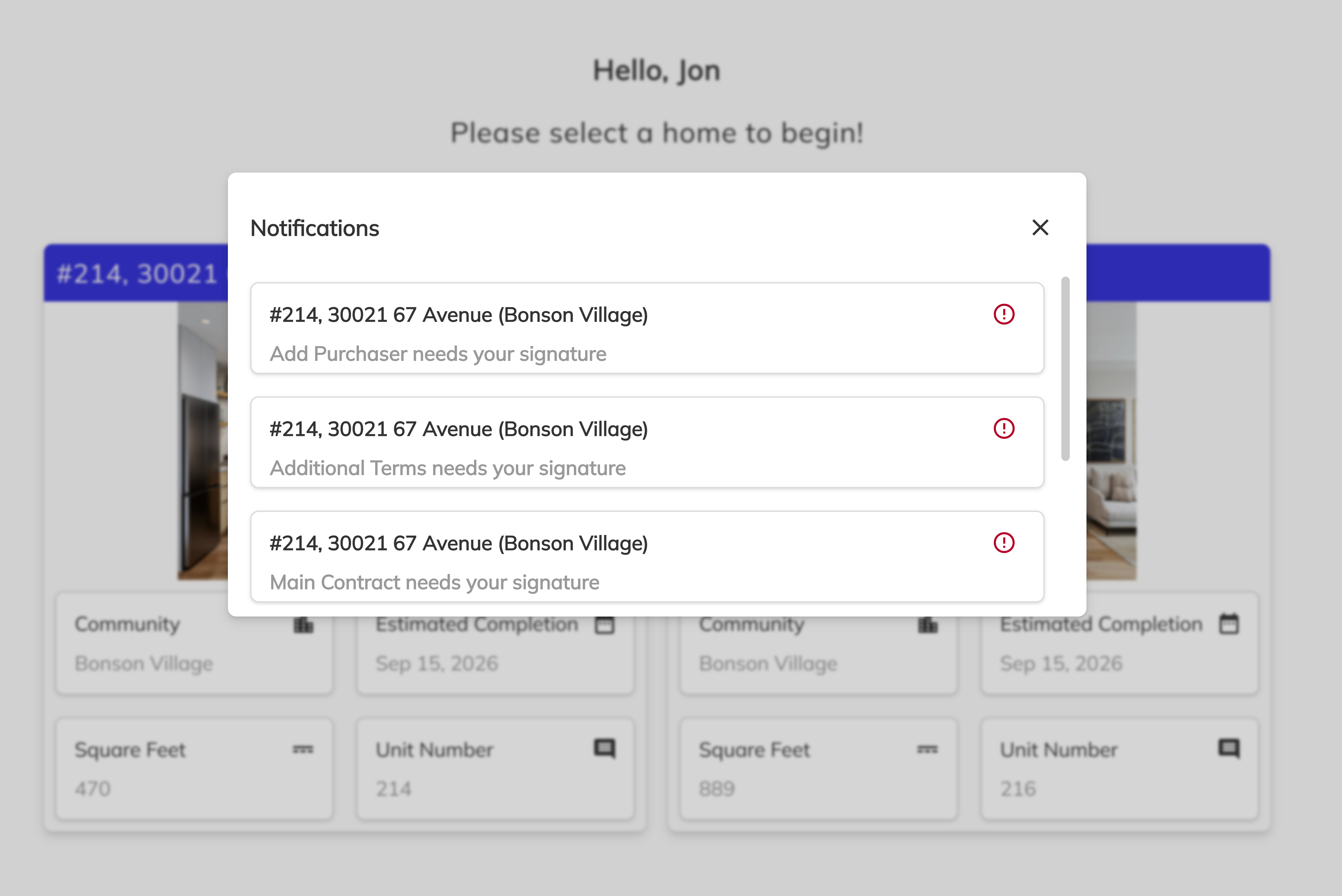 Notification panel showing pending documents with contract status