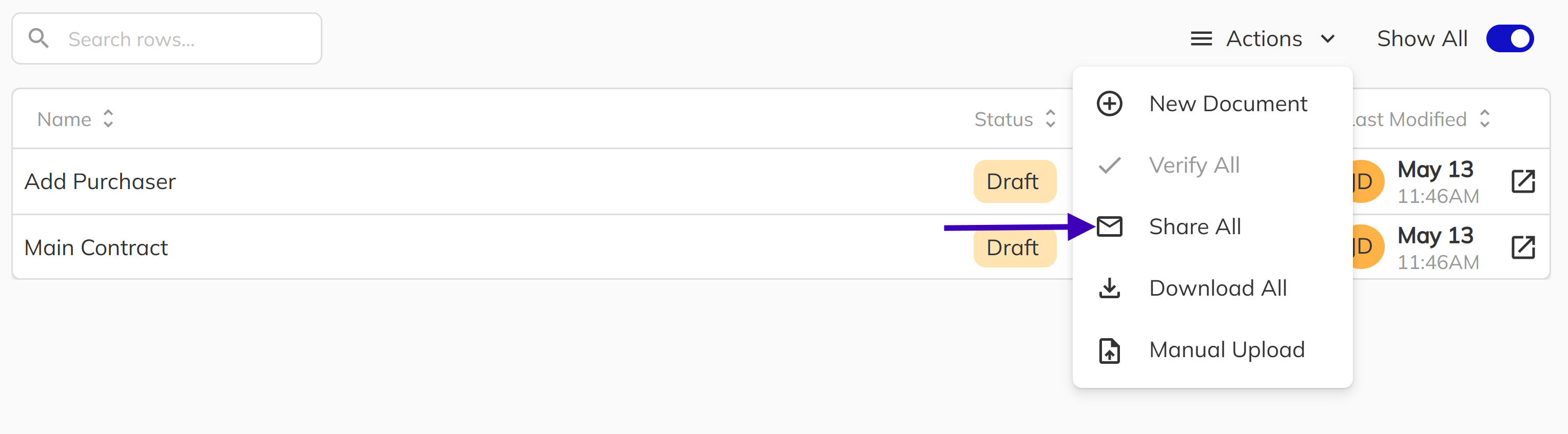 Share All dialog with document selection