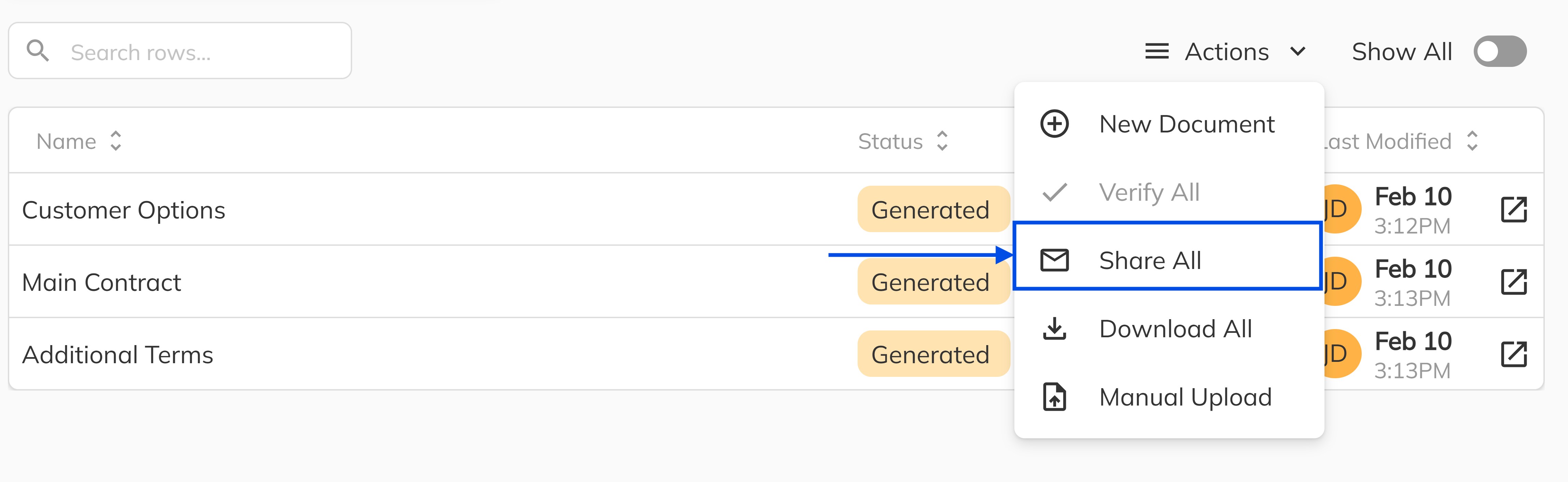 Share All dialog with document selection