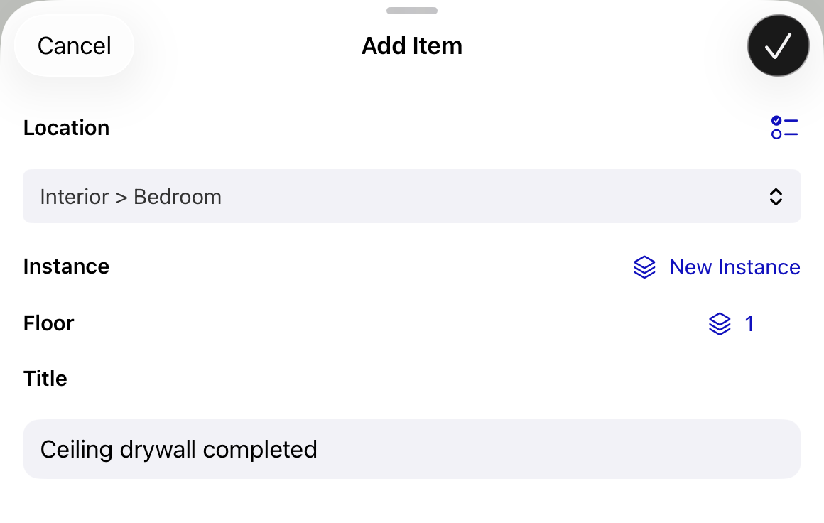 Add Item form with location, zone, and title fields