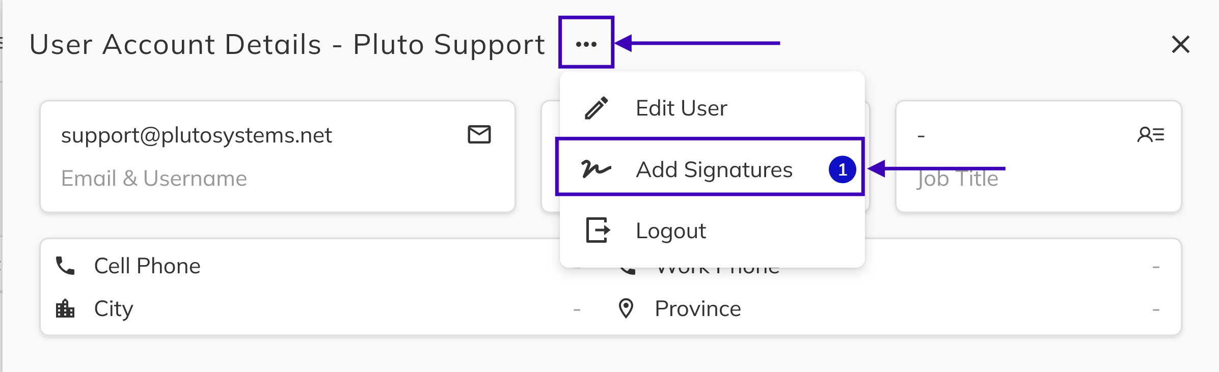 Add Signatures option in the account panel menu