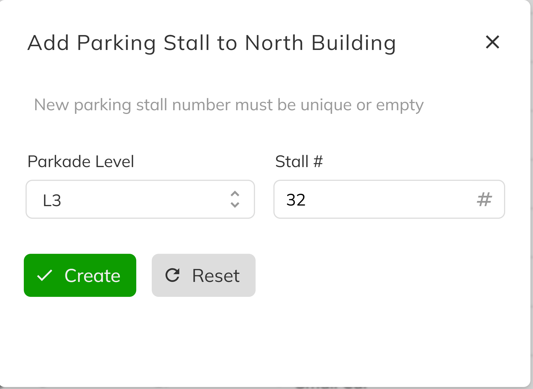 Parking and Storage side menu item and Add Stall dialog with level and stall number fields