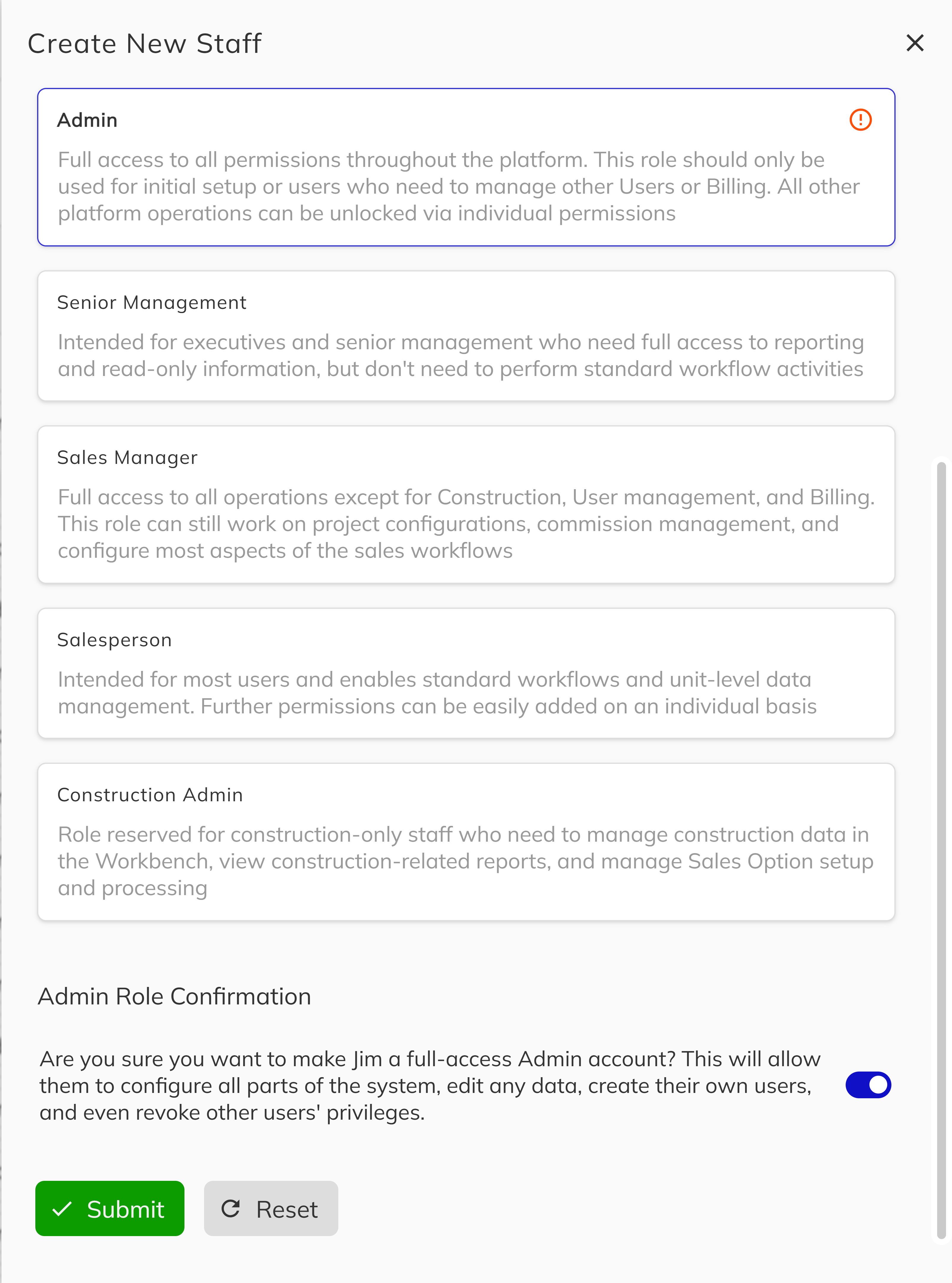Admin role confirmation toggle with warning message
