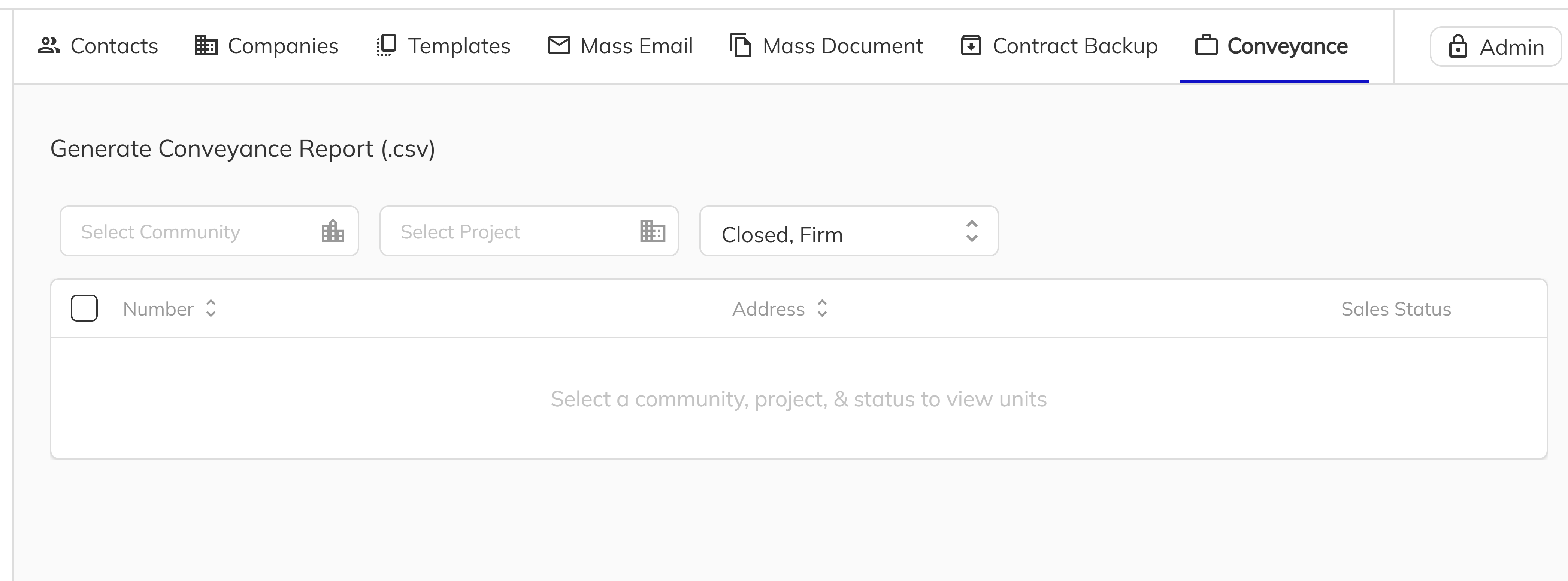 Admin navigation with Conveyance tab highlighted