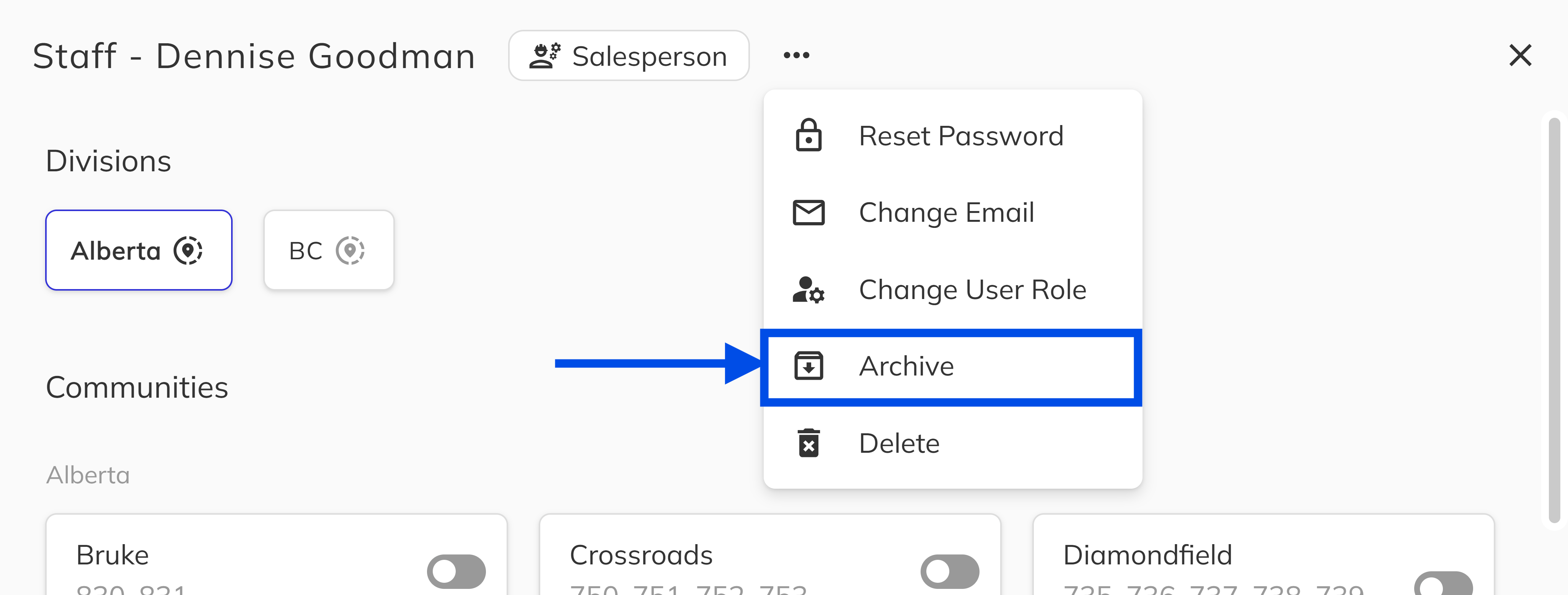 Archive option in the staff panel actions dropdown with confirmation dialog