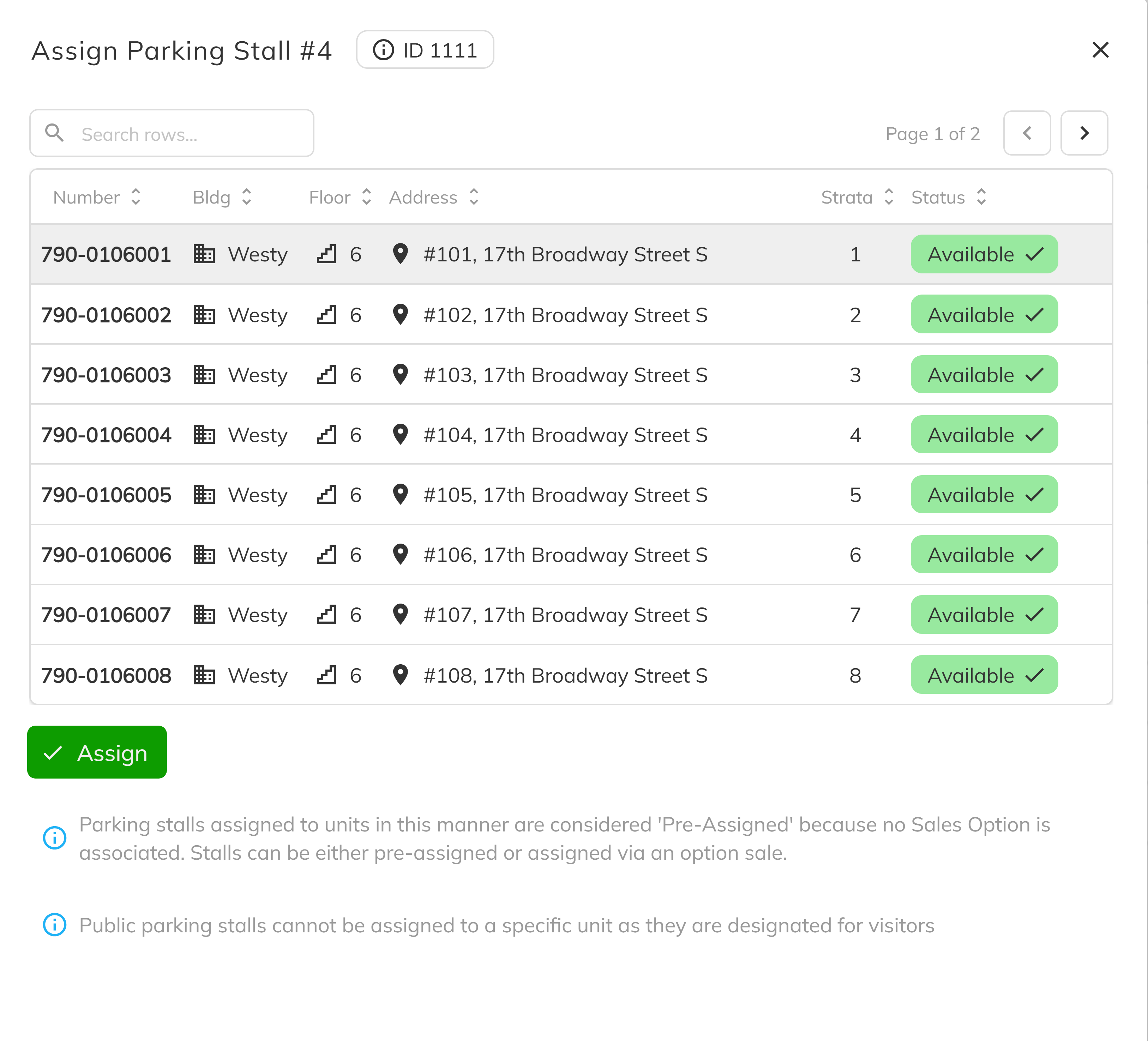 Unit selected in the assign dialog with Assign button
