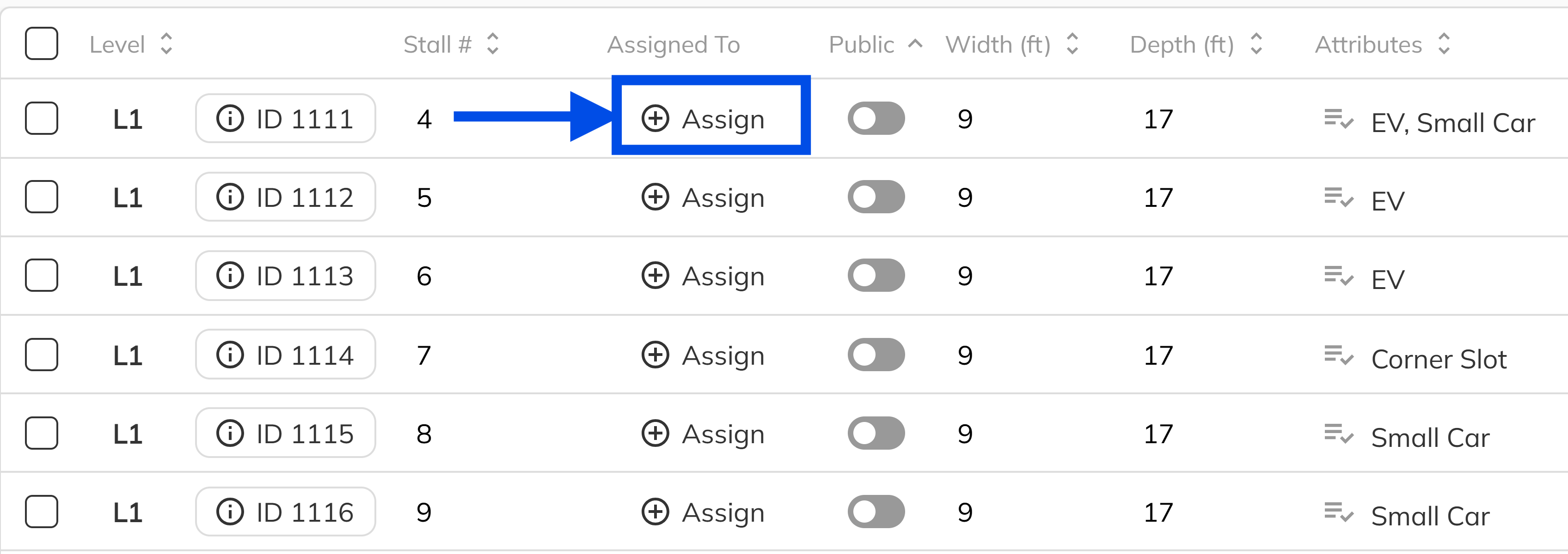 Assign Parking Stall dialog showing stall info and unit grid