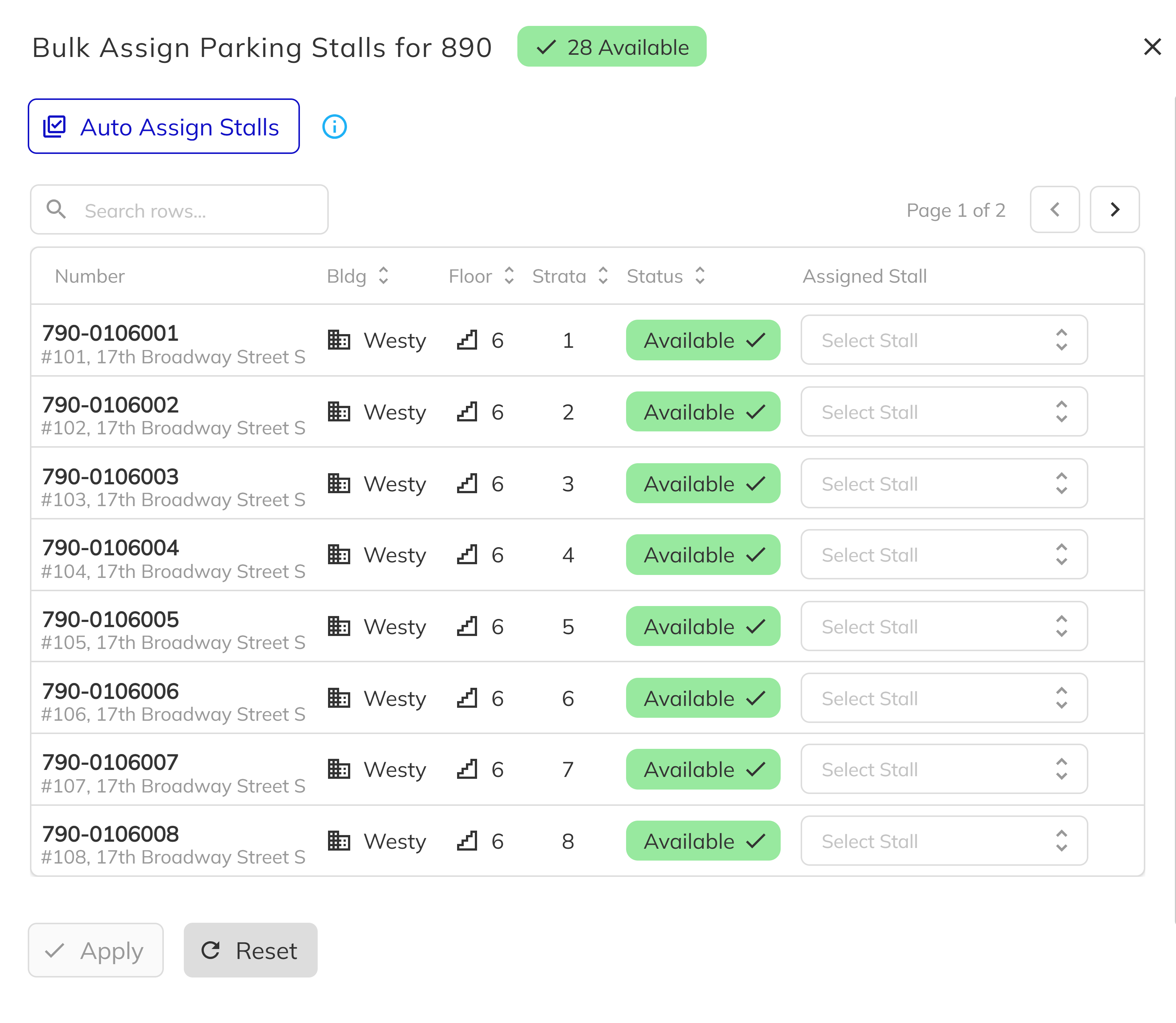 Bulk Assign Parking Stalls dialog with project name and available stall count