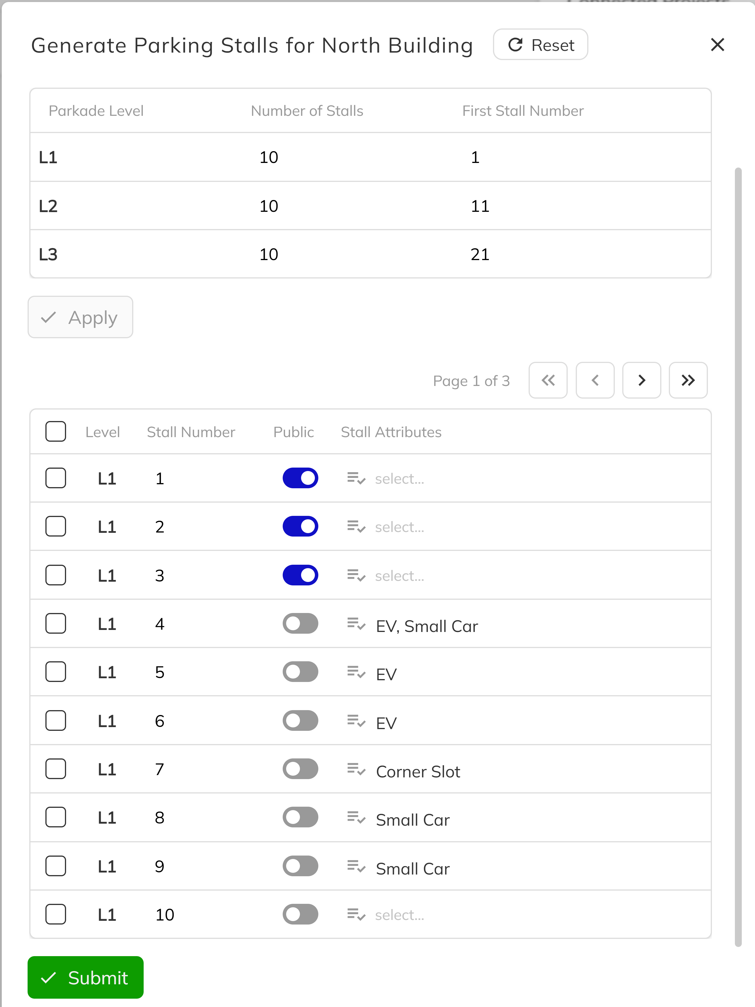 Bulk stall generation dialog showing level configuration and stall preview grid