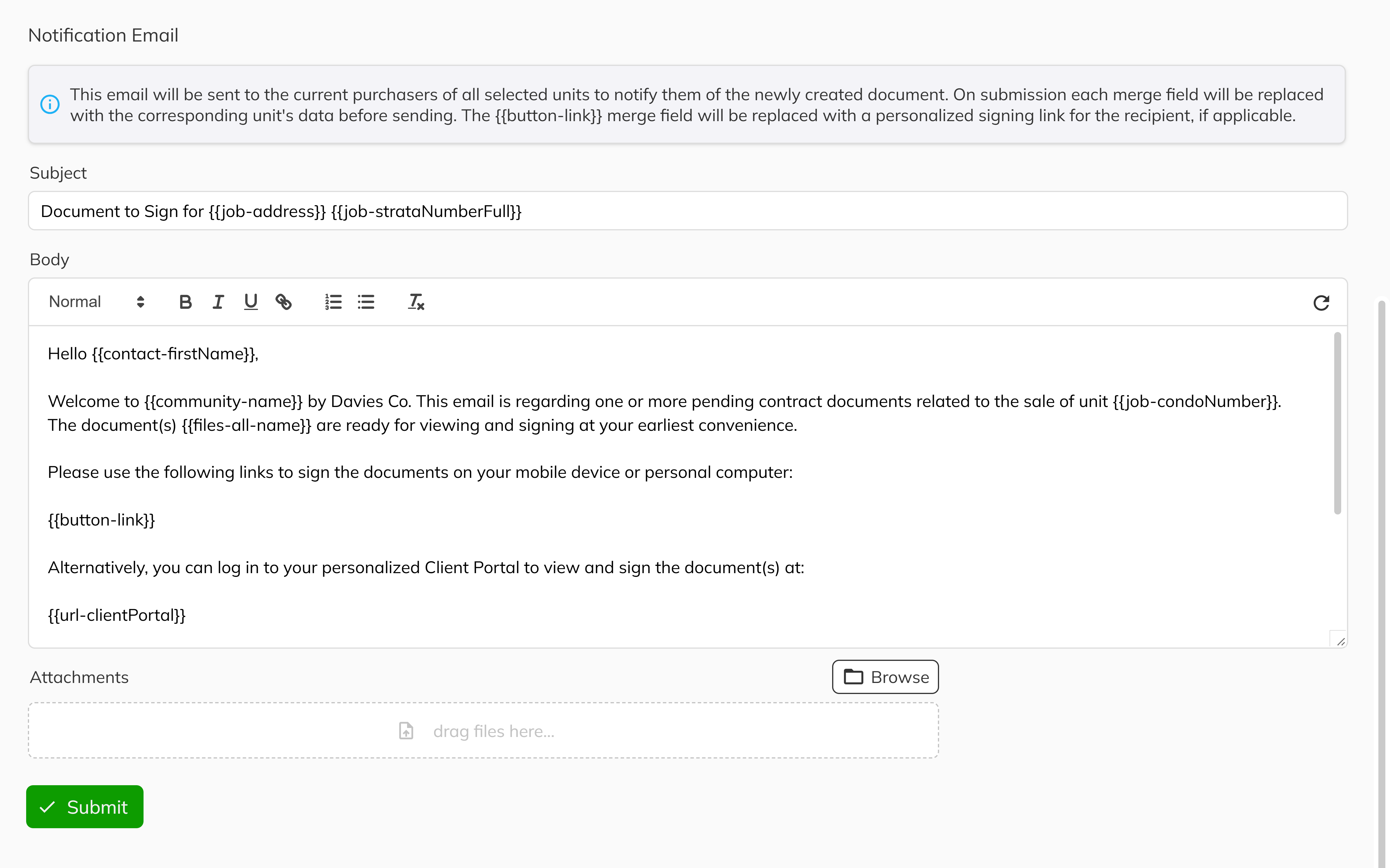 Email composition with subject, body, and attachments