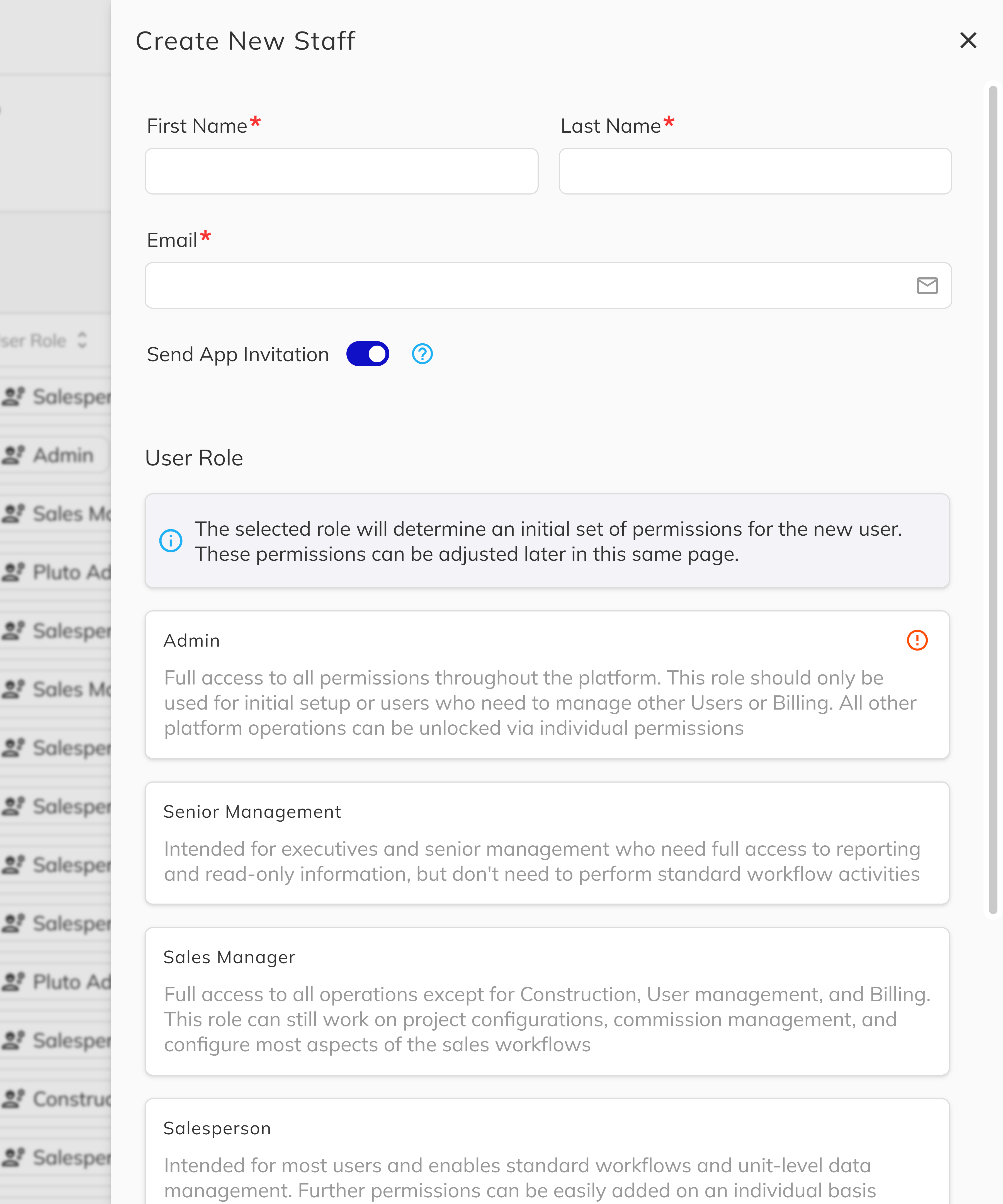 Create button above the staff grid