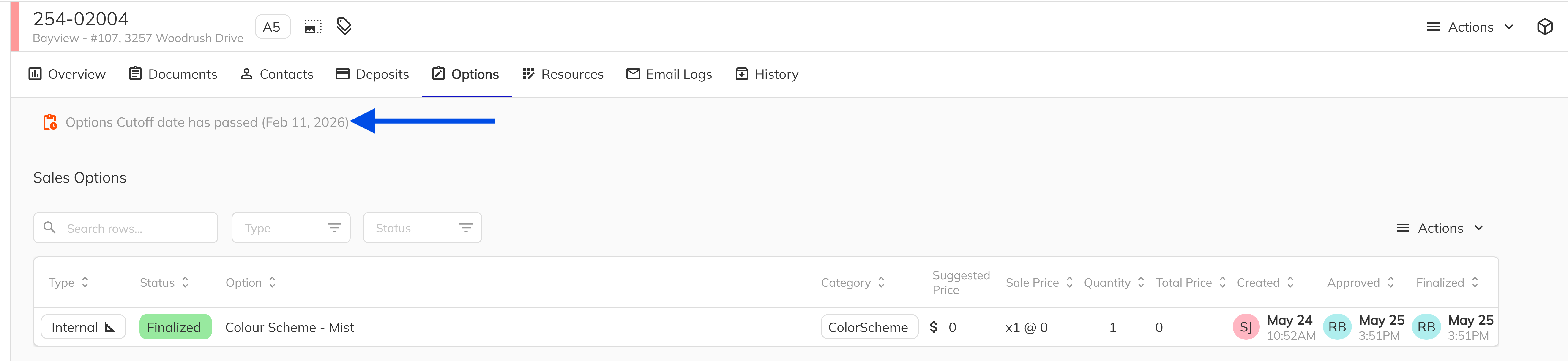 Options page showing the cutoff date warning banner