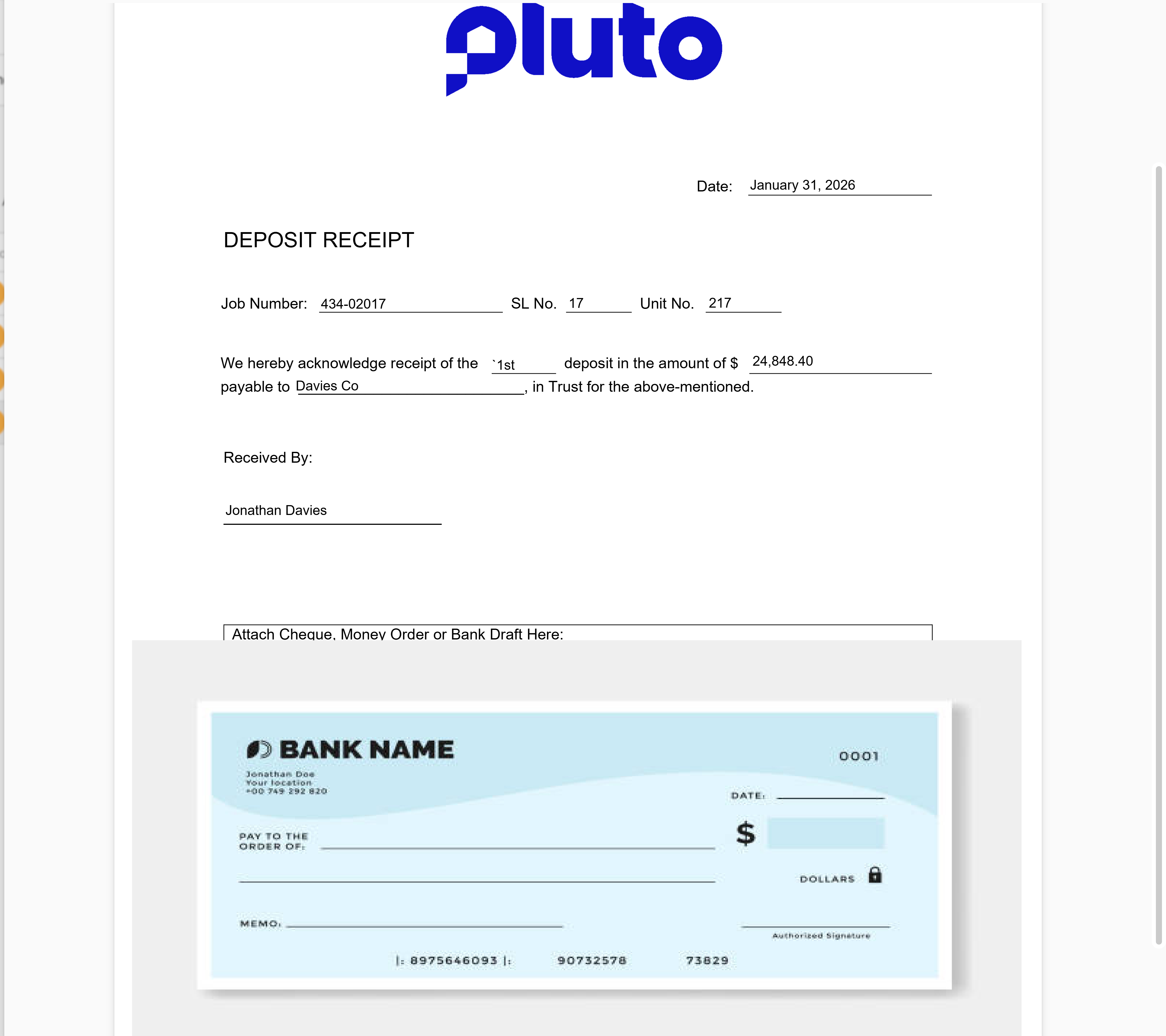 Deposit Card - Received