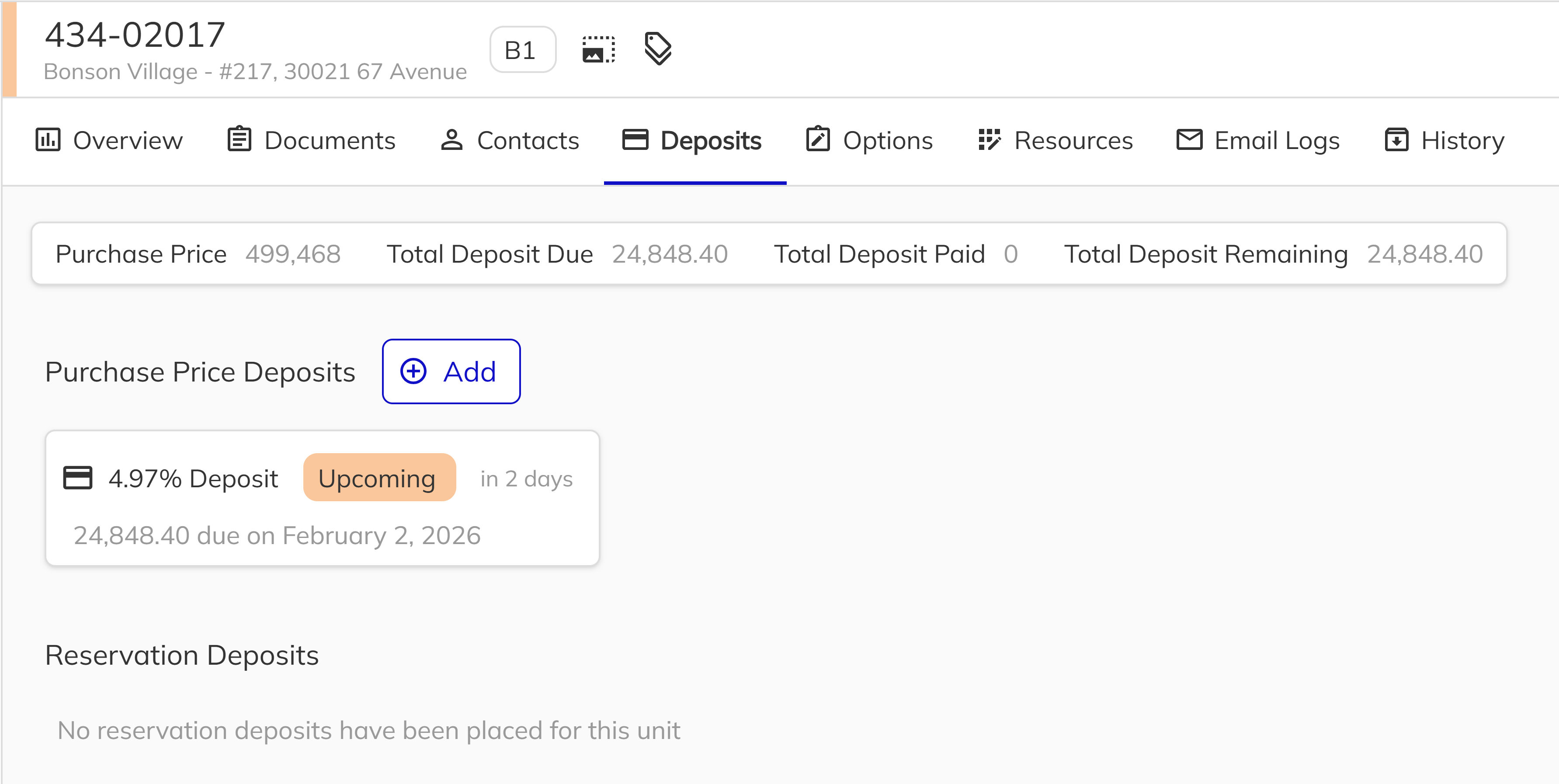Deposits Tab in Unit View