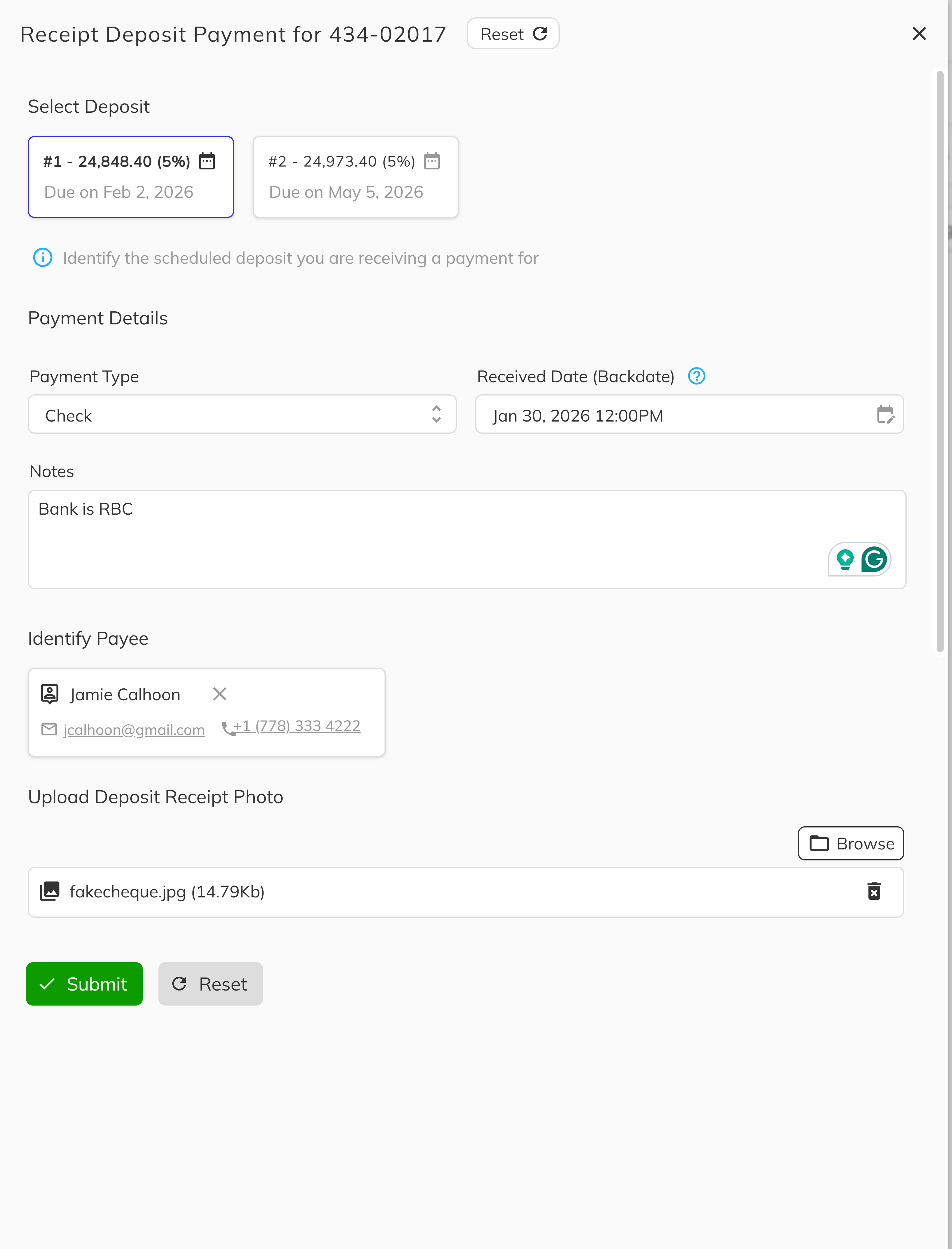 Receive Deposit - Image Upload
