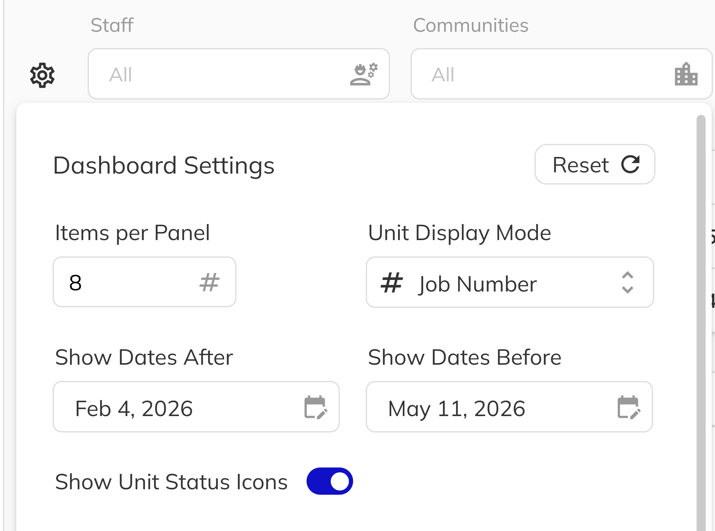 Display settings showing items per panel, unit display mode, and status icons toggle