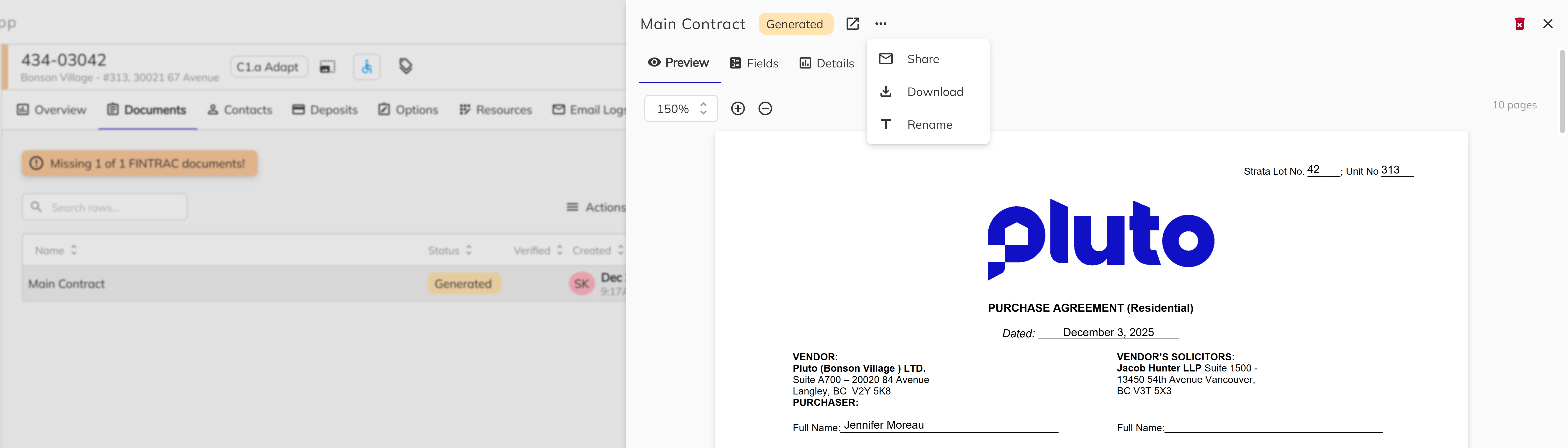 Document preview panel with contract displayed