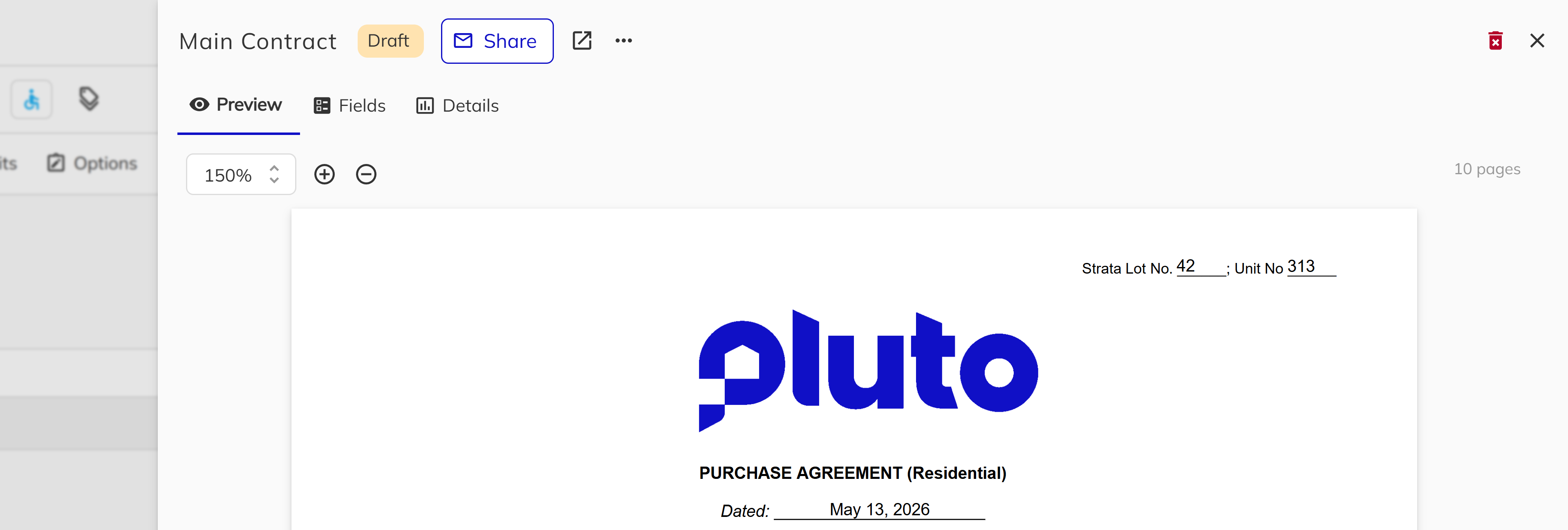 Document preview panel with contract displayed