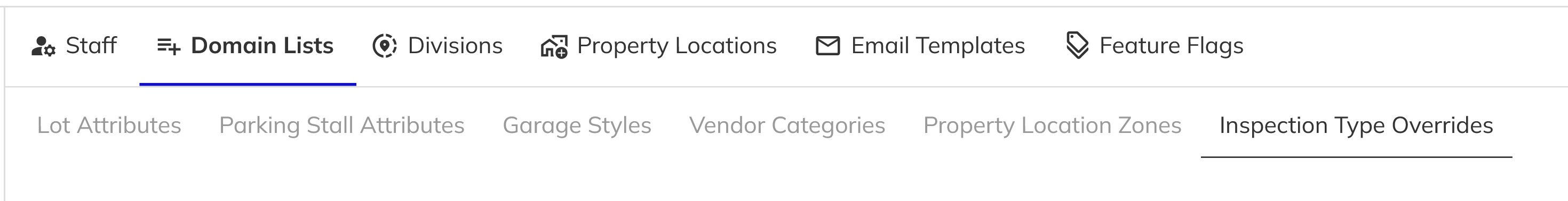 Domain Lists tab showing the Inspection Type Overrides sub-tab