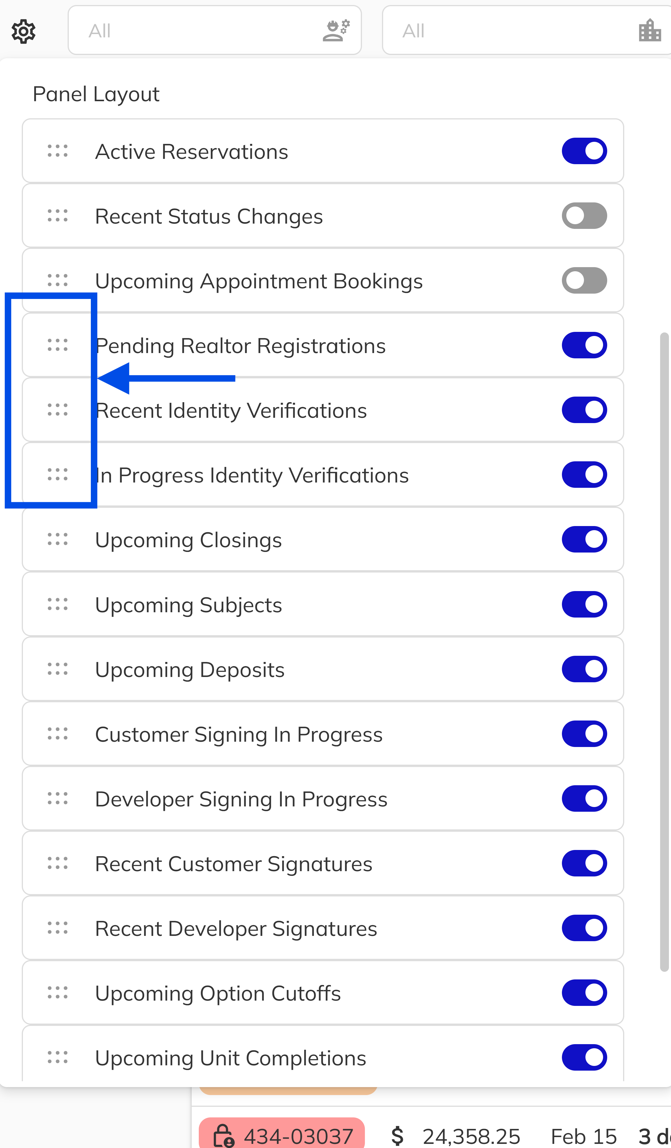Drag handle icon on a panel row for reordering