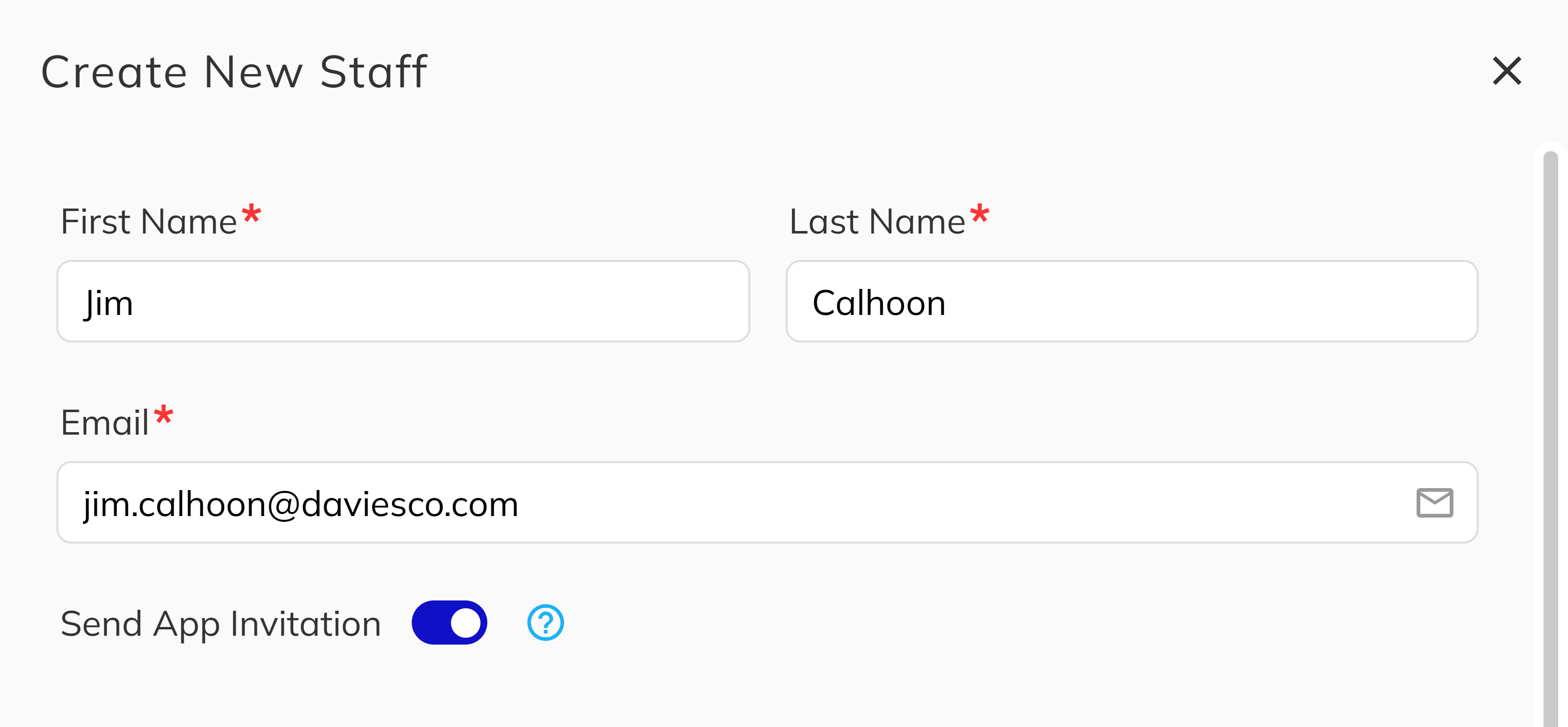 Staff creation form with name, email, and invitation toggle fields