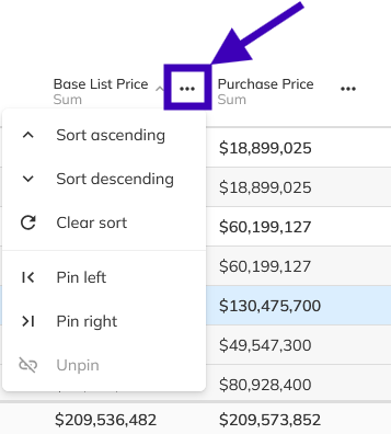 Column options menu on a grid heading
