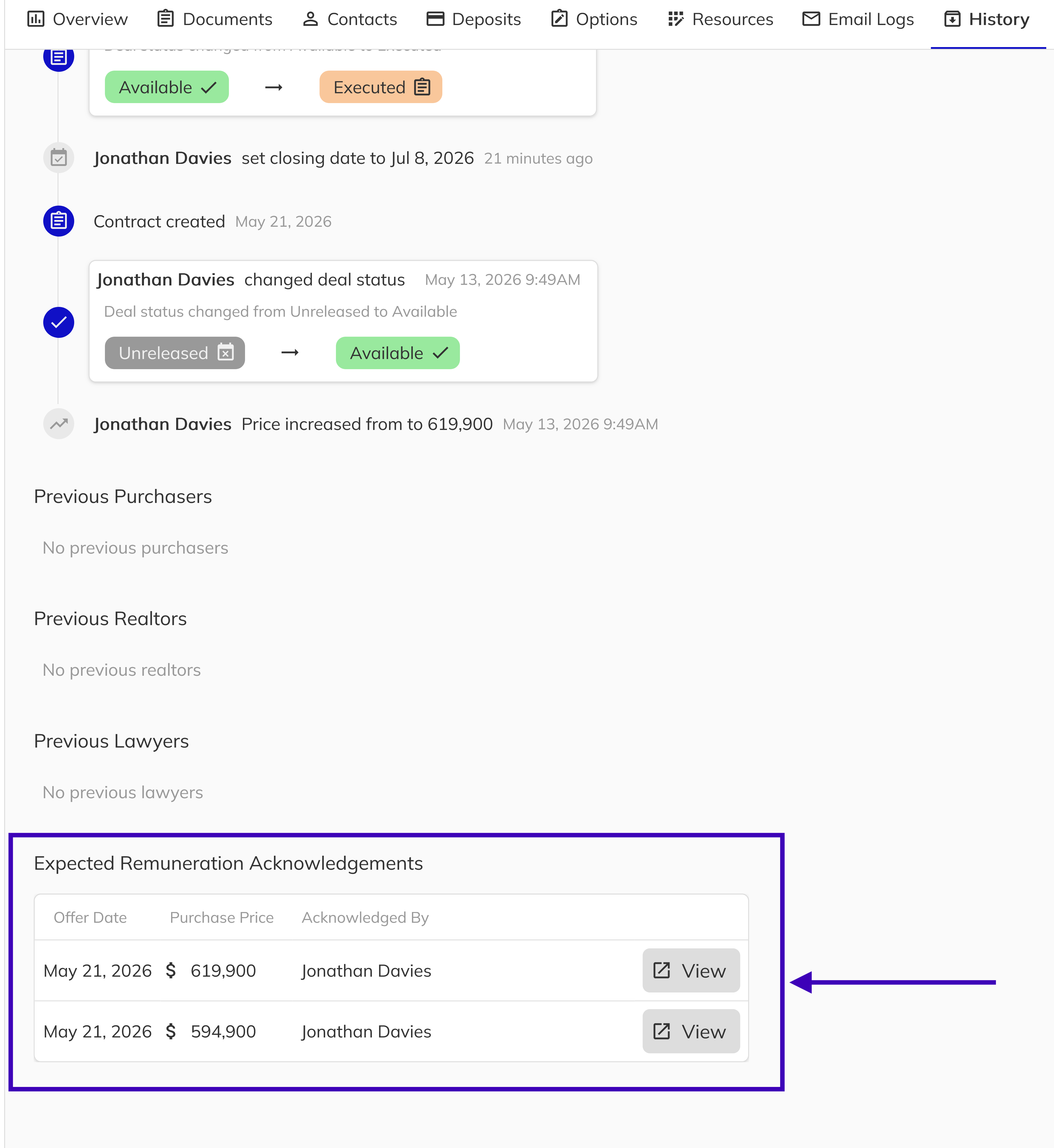 Unit History page showing the Expected Remuneration Acknowledgements grid