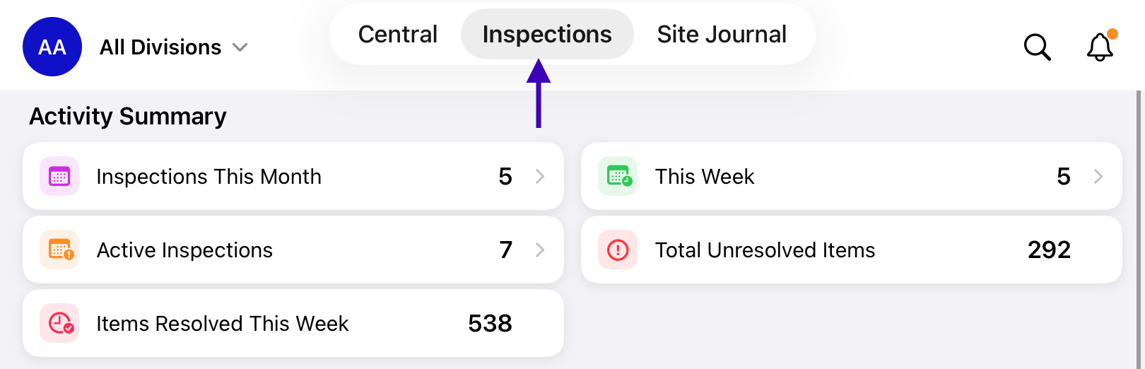 Inspections dashboard showing the Activity Summary