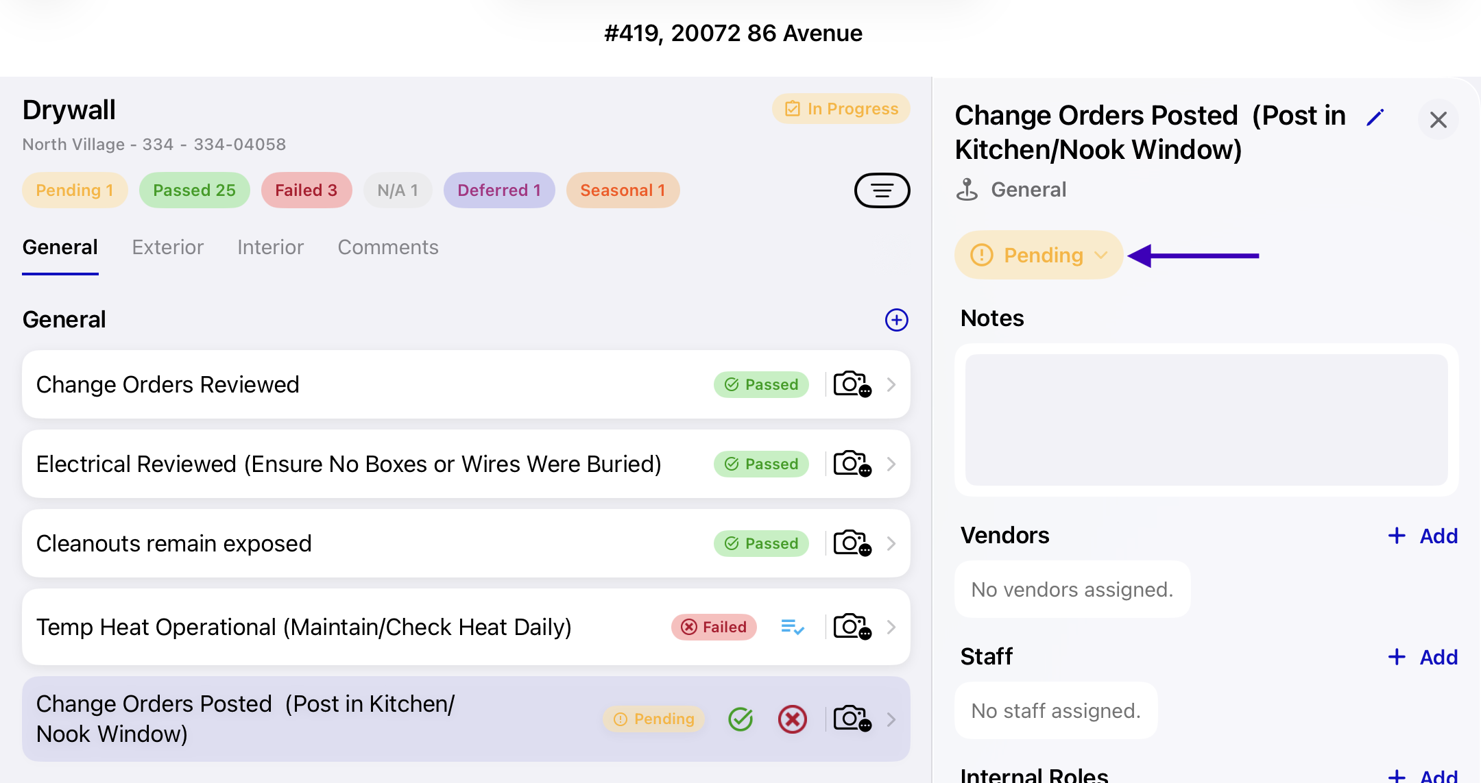 Item detail view with the full status menu