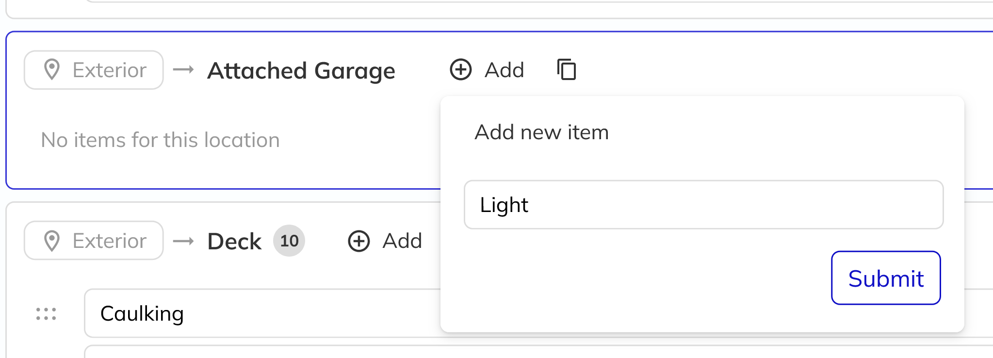 Inspection template editor showing the item controls