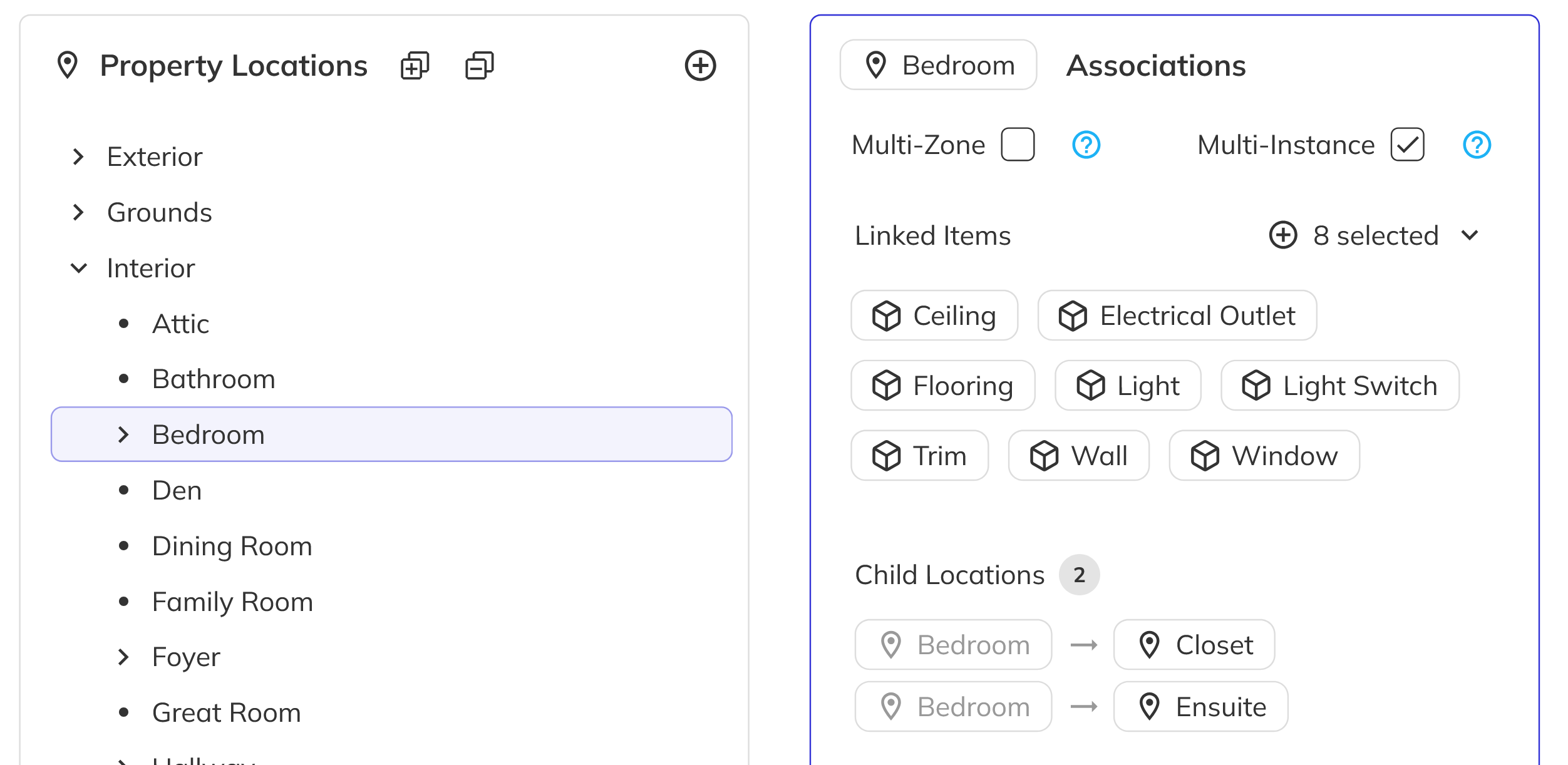 Property location associations panel showing linked items