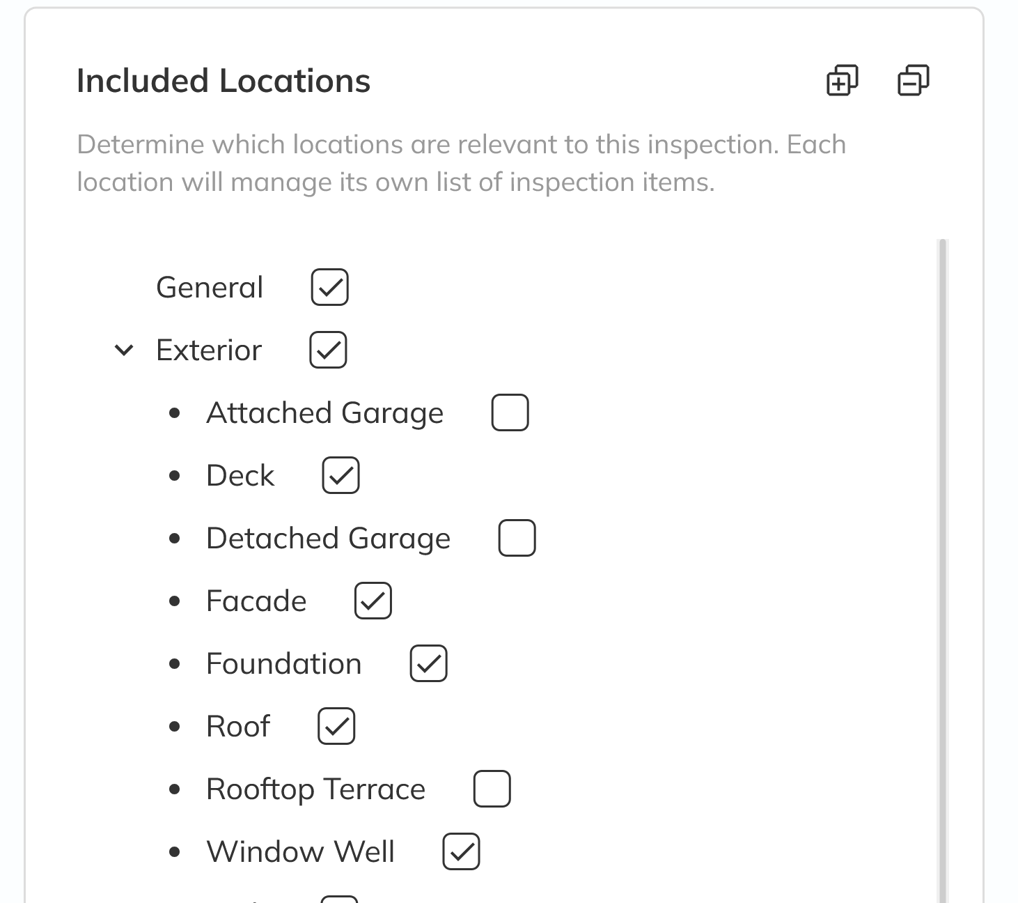 Inspection template editor showing the property location tree