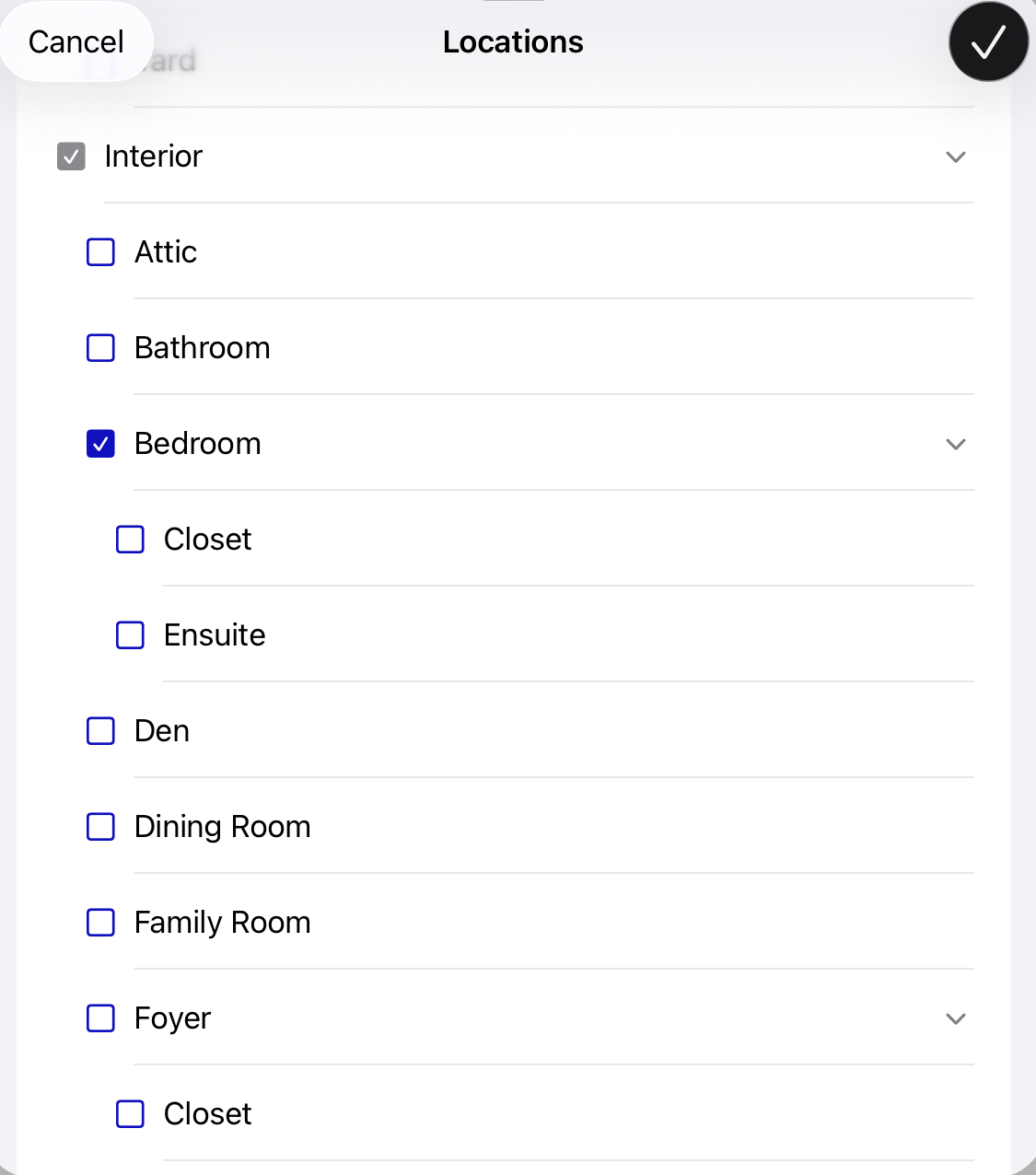 Locations checklist for including or excluding property locations