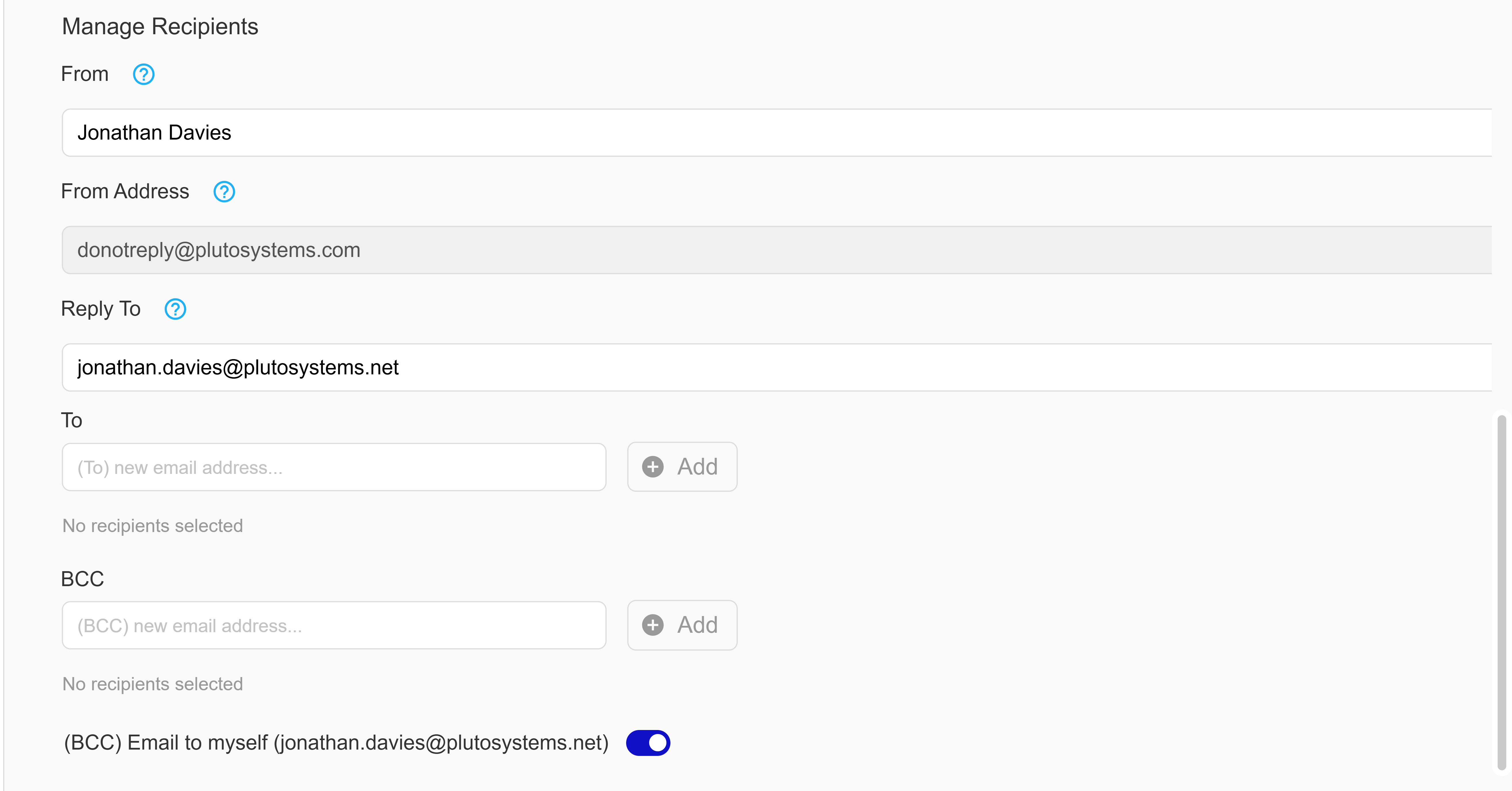 Manage recipients step showing To, BCC, From, Reply To fields and send to self toggle