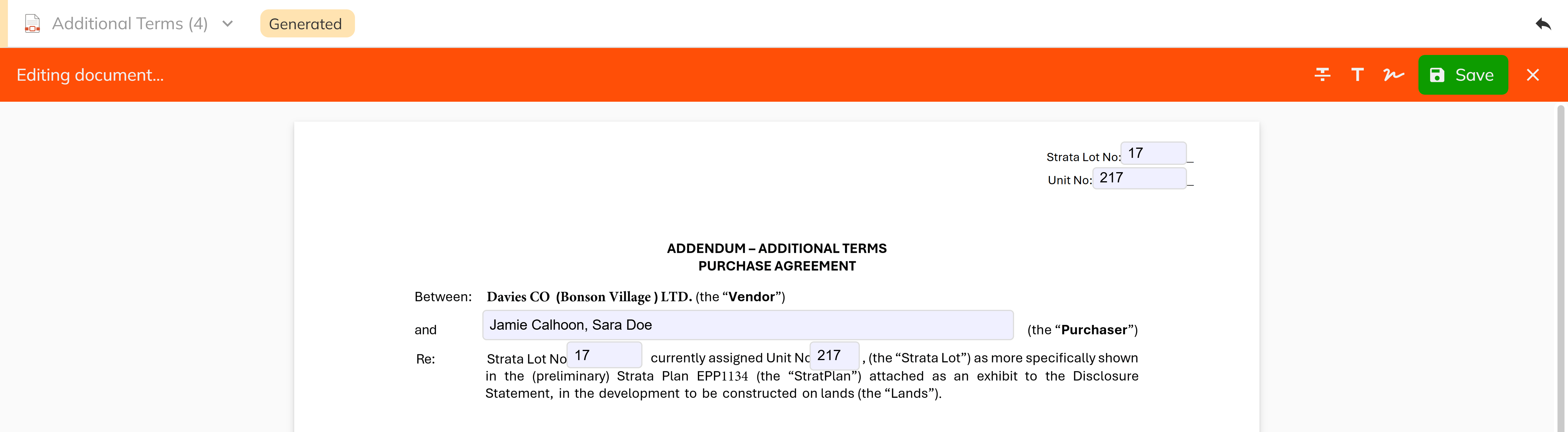 A screenshot showing the merge field overlay with editable inputs on a Generated document
