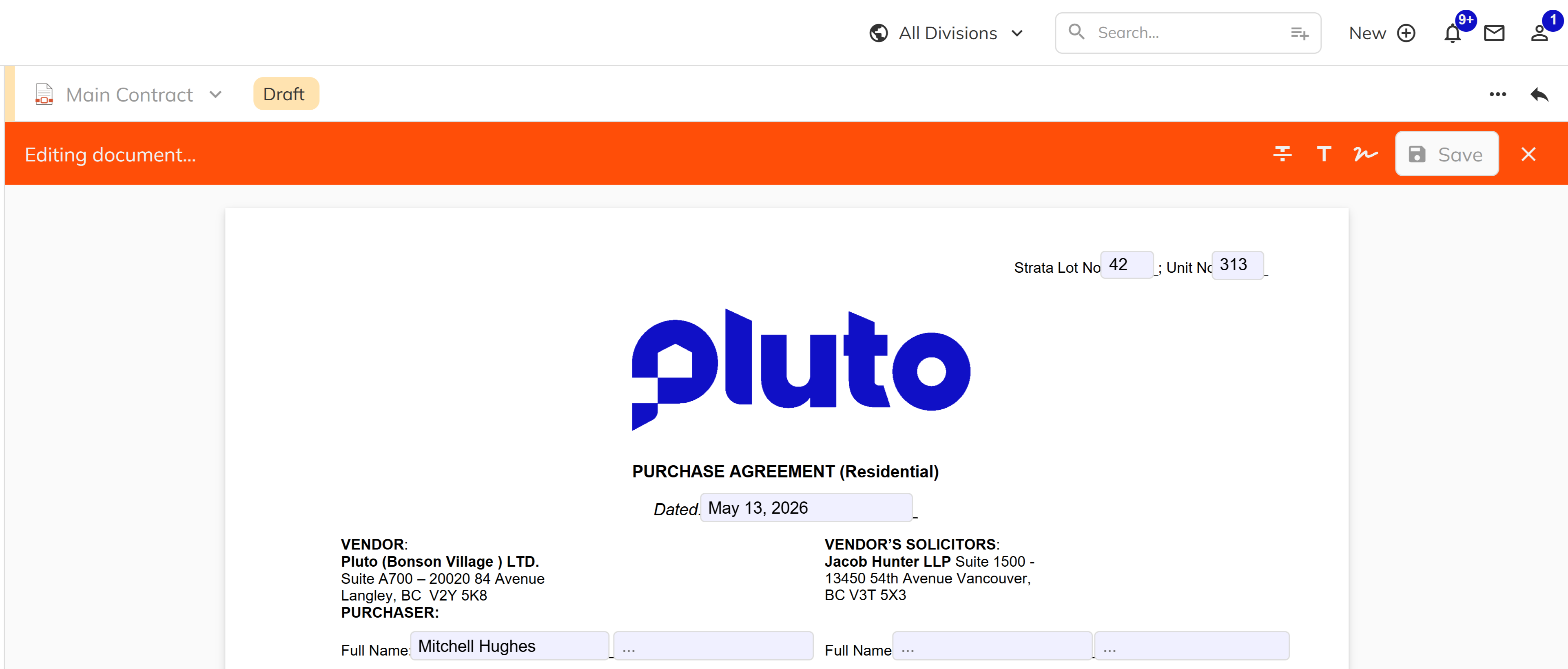 A screenshot showing the merge field overlay with editable inputs on a Draft document