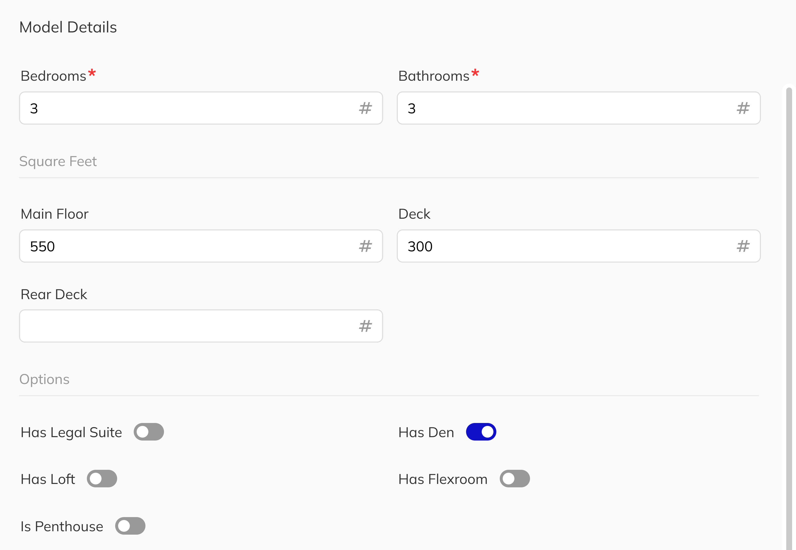 Model Details step showing bedroom, bathroom, square footage, and feature toggle fields