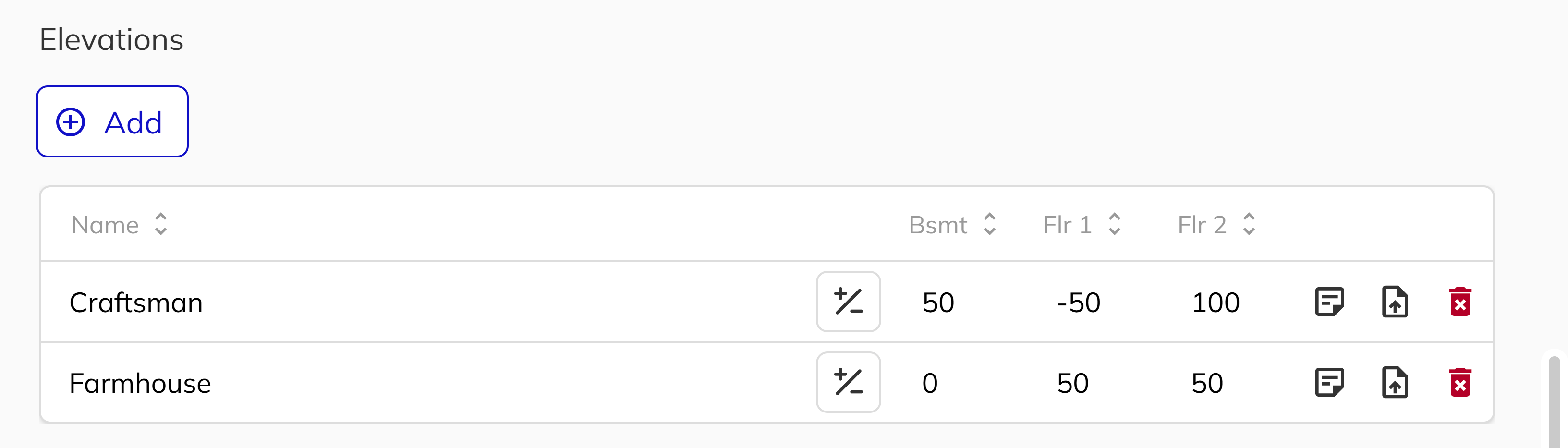 Elevations step showing elevation entries with floor adjustments and drawing upload