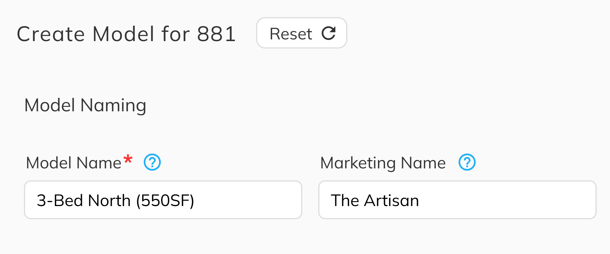 Model Naming step showing Model Name and Marketing Name fields