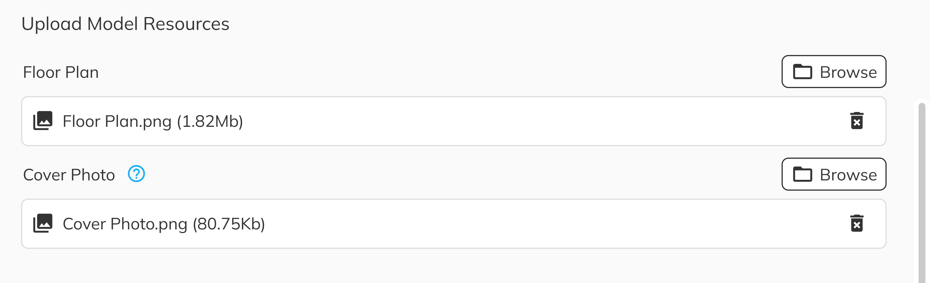 Upload Model Resources step showing Floor Plan and Cover Photo file inputs