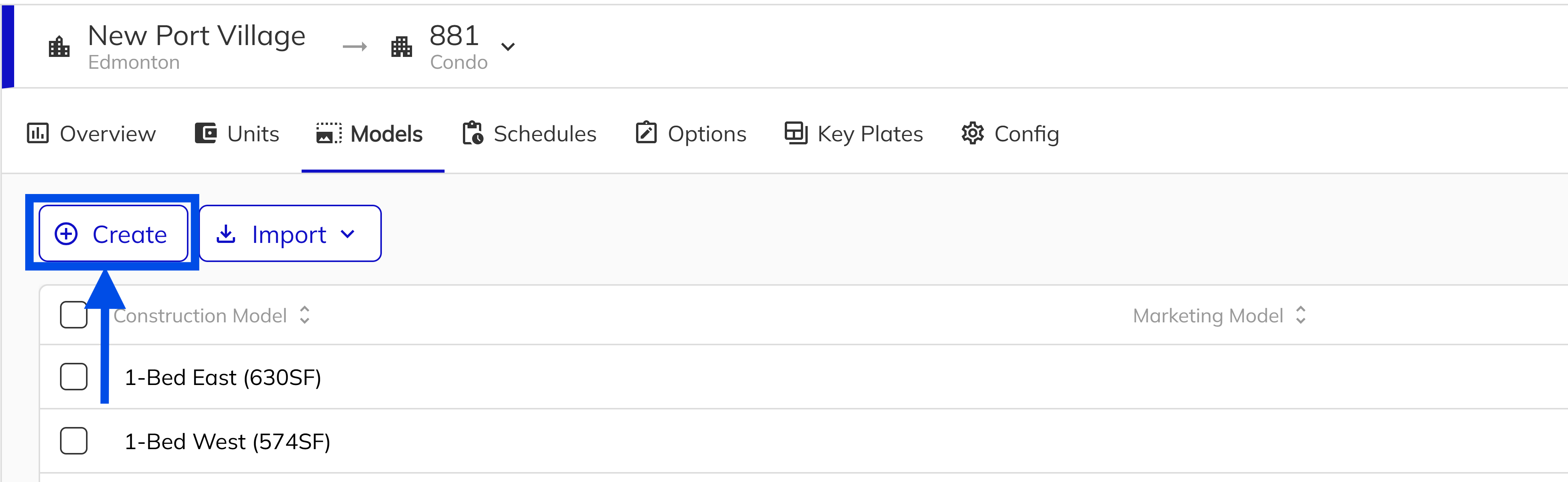 Workbench Models tab with Create button highlighted