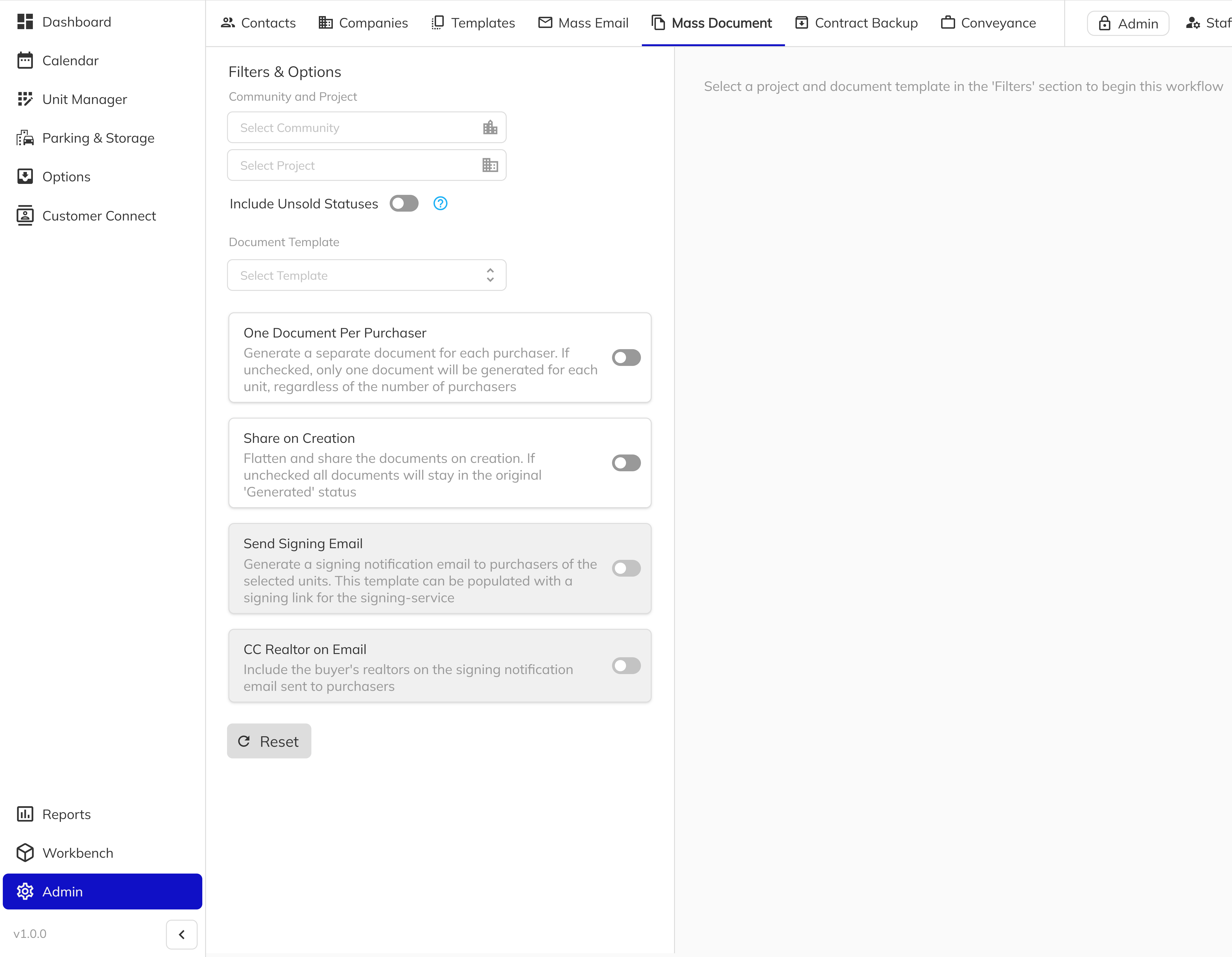 Admin sidebar with Mass Document tab selected