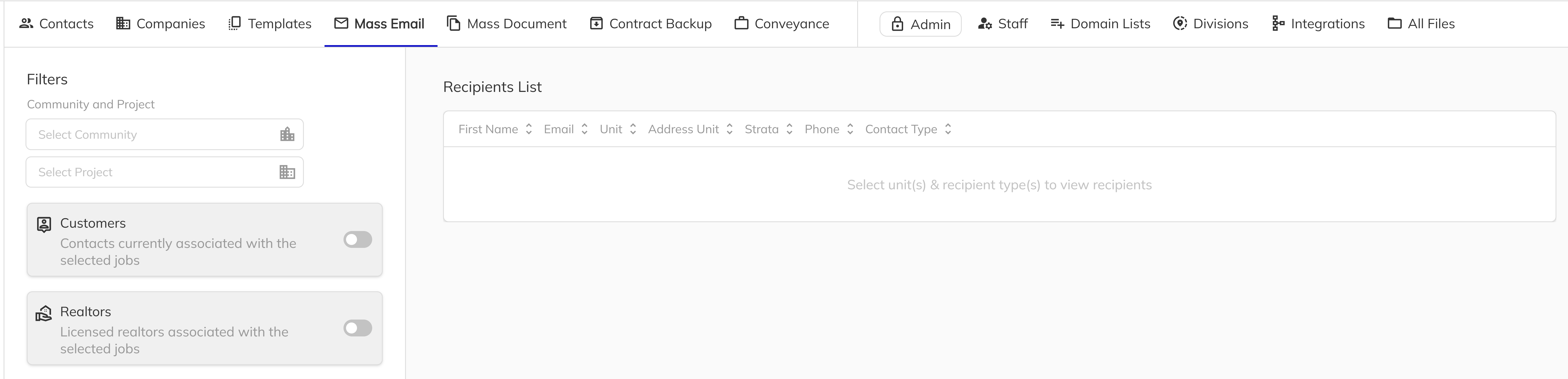 Mass Email tab in the Admin page toolbar