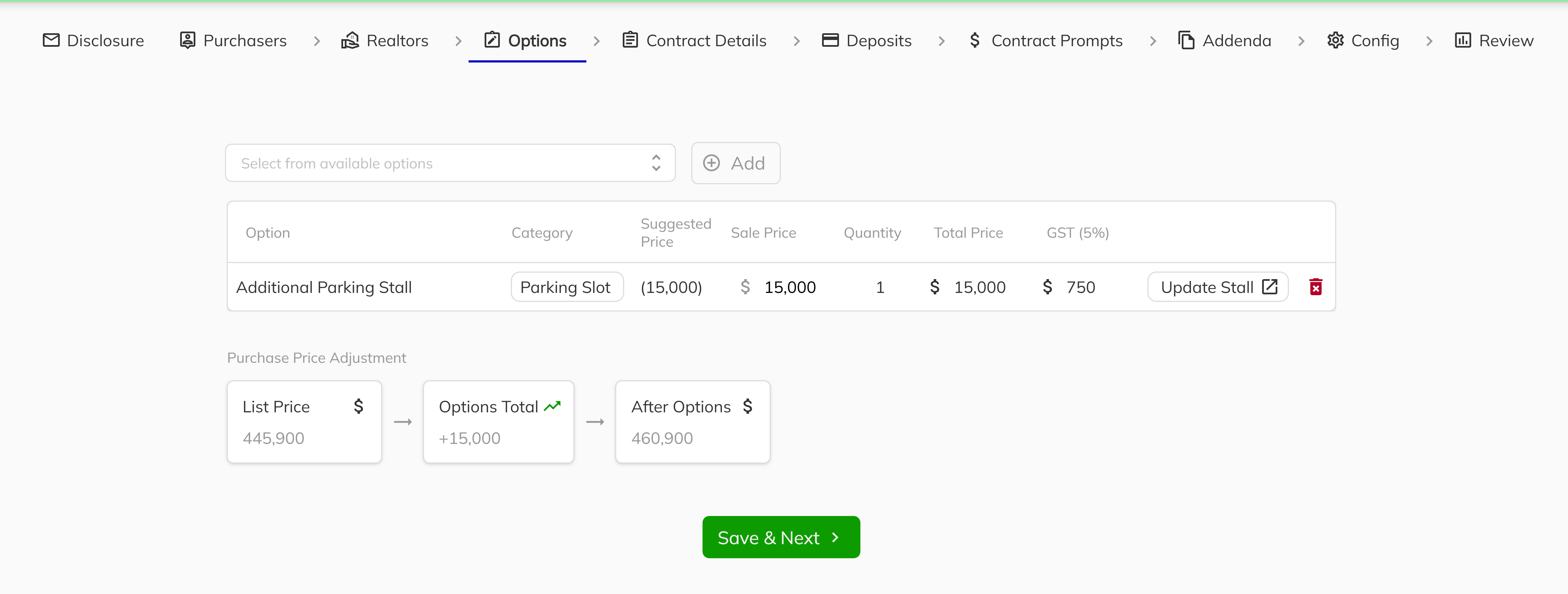 New Deal workflow with parking stall option selection