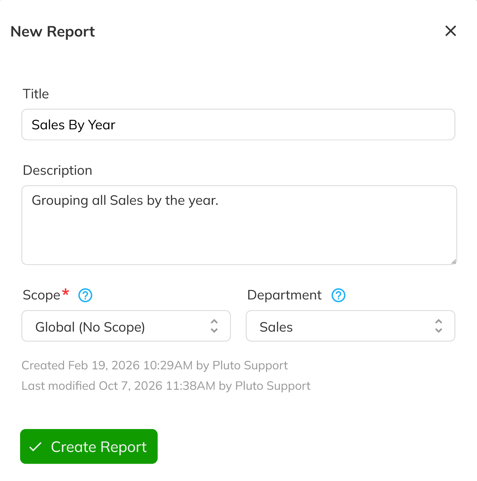 New Report dialog with title, description, and scope
