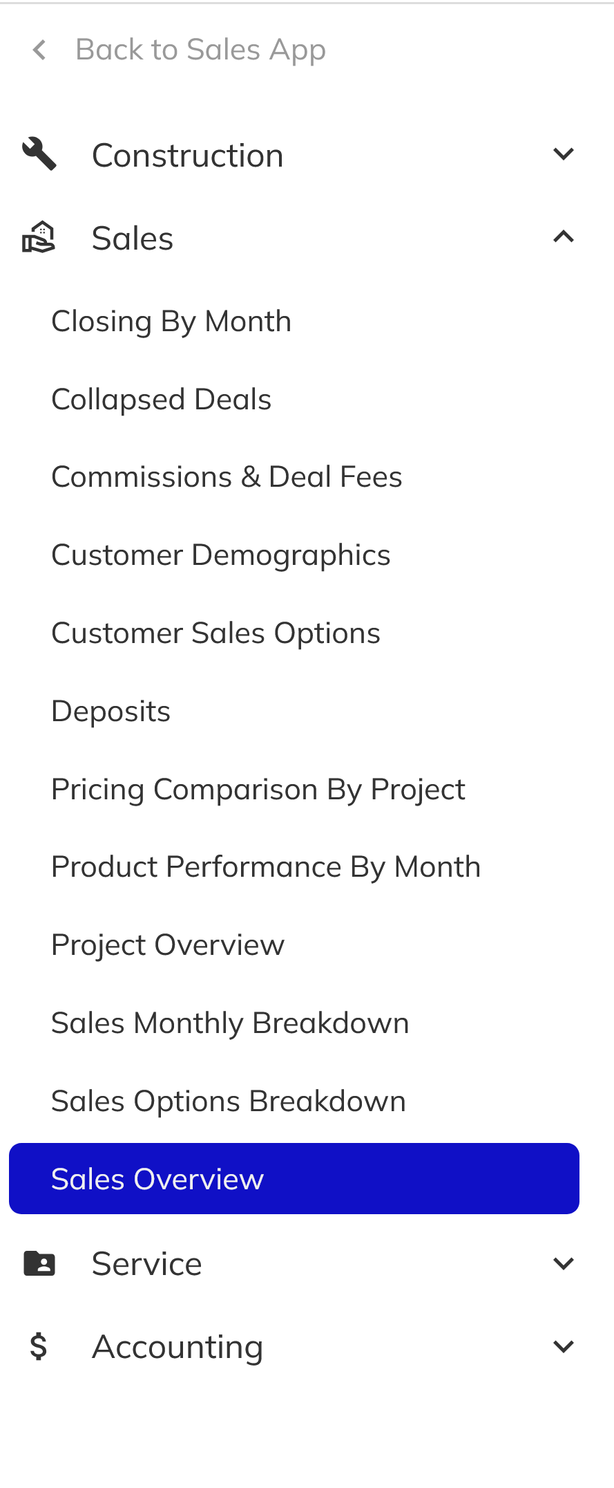 Report sidebar showing reports grouped by department