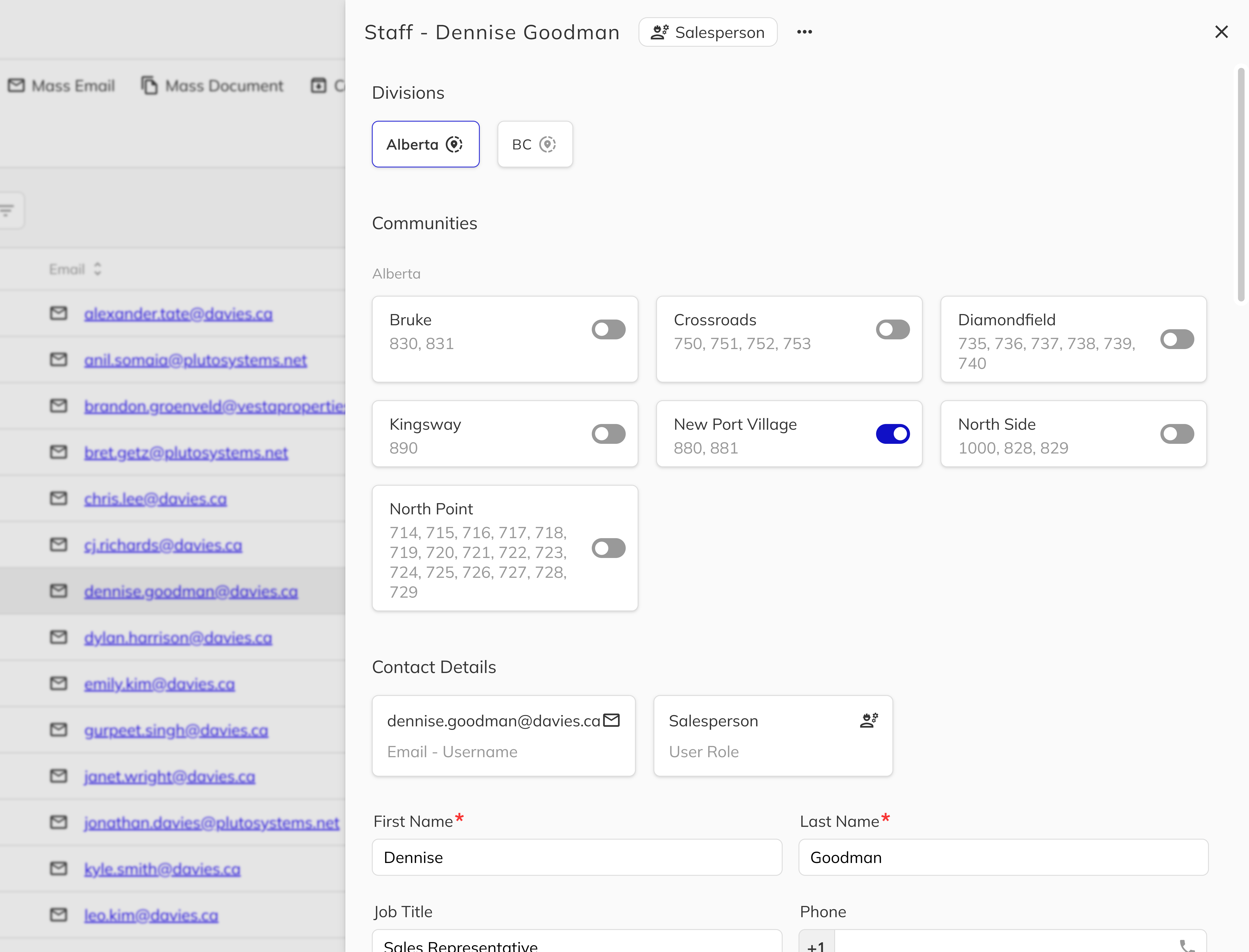 Selecting a staff member from the staff directory grid