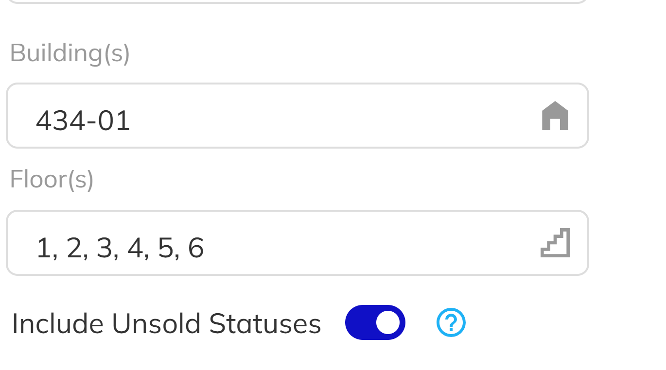 Optional filters for Building, Floor, and Include Unsold Statuses toggle