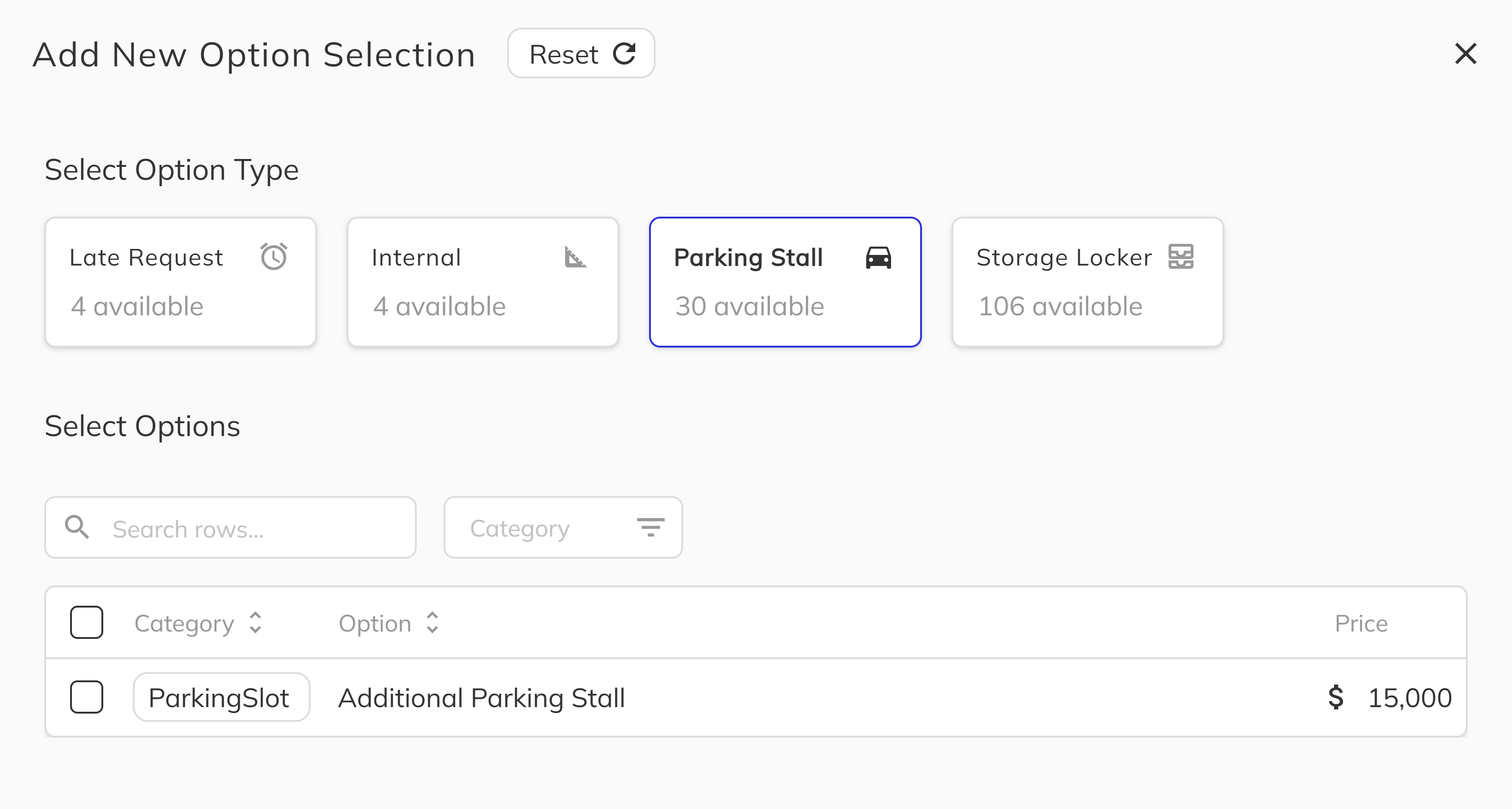 Add Option workflow showing Parking Stall option type