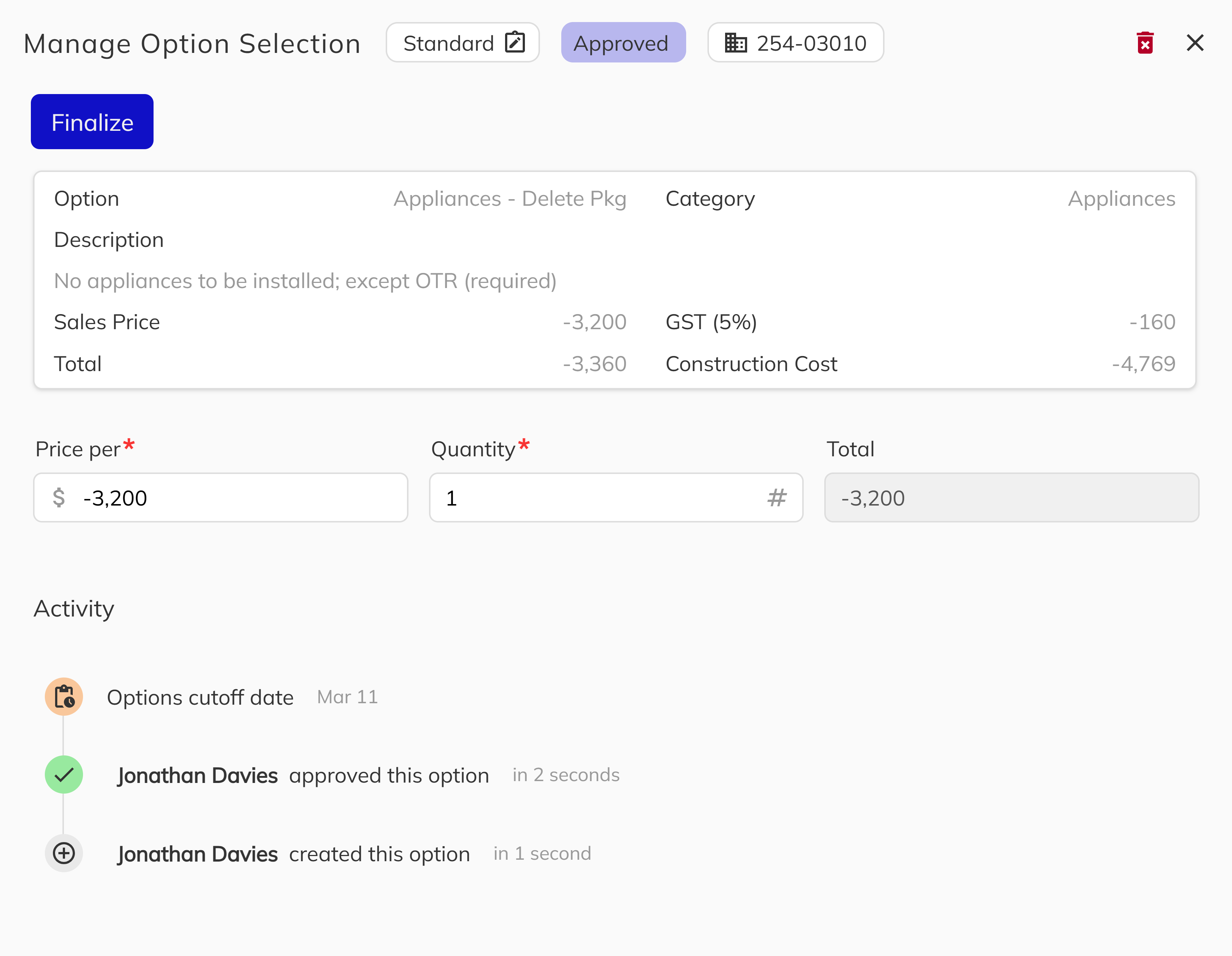 Sales Option Detail Panel